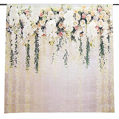 8 ft Vinyl Photography Backdrop White Roses Printed - Wedding Reception Party Decor, Bridal Shower Birthday Photo Booth Background
