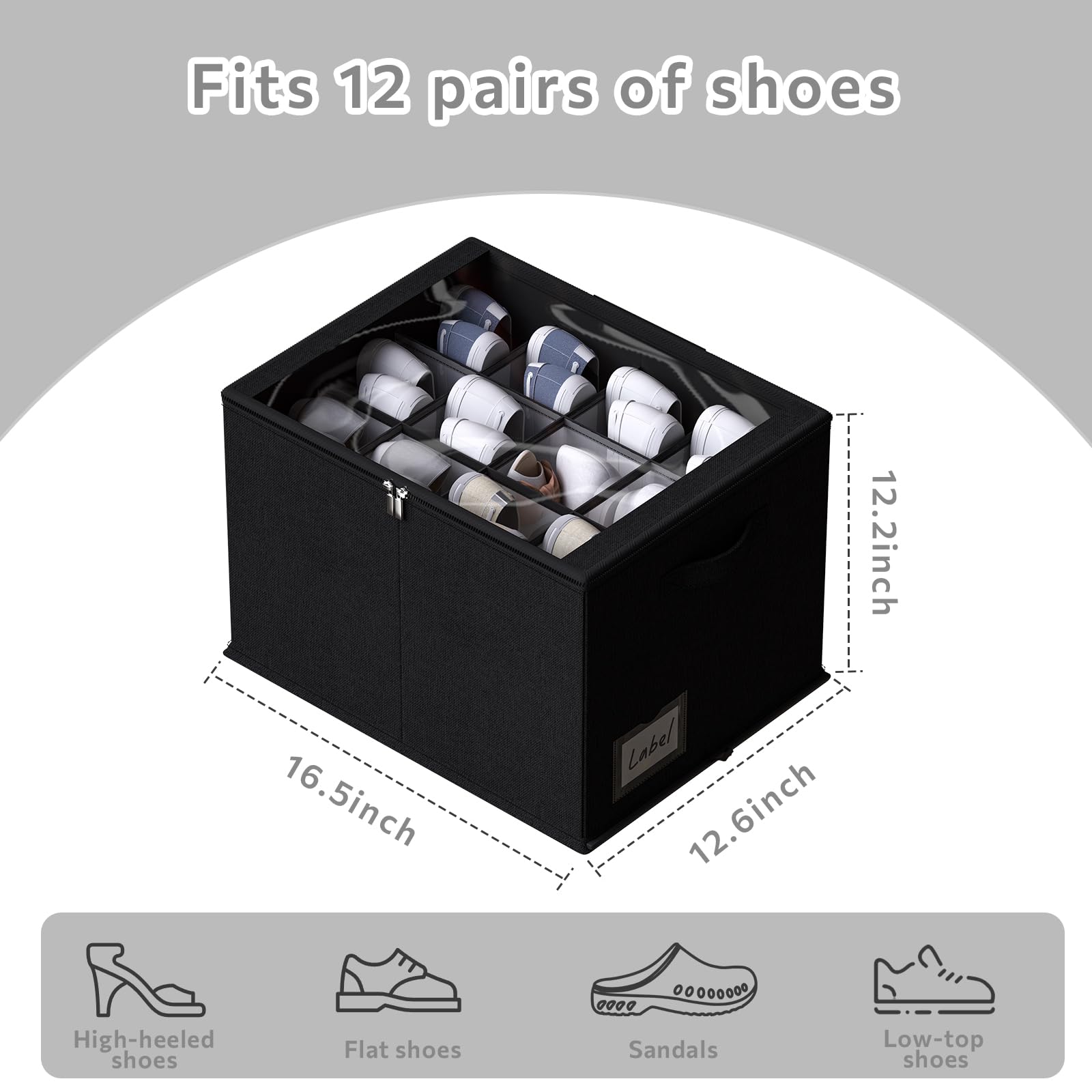 2 Pack Clear View Shoe Organizer for Closet - Durable Fabric Shoe Storage Bins with Reinforced Handles, Fits 24 Pairs of Shoes (16.5