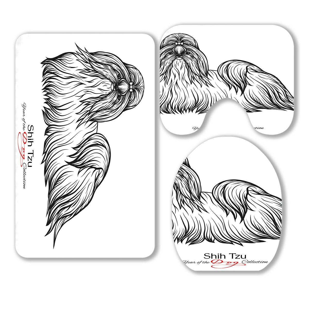 ECZJNT Shih Tzu Dog Bathroom Set - 3 Piece Black and White Graphic Printed Bath Rug, Contour Mat & Toilet Lid Cover for Pet Lovers | Non-Slip Bath Mat for Small Bathrooms, Guest Bath Decor