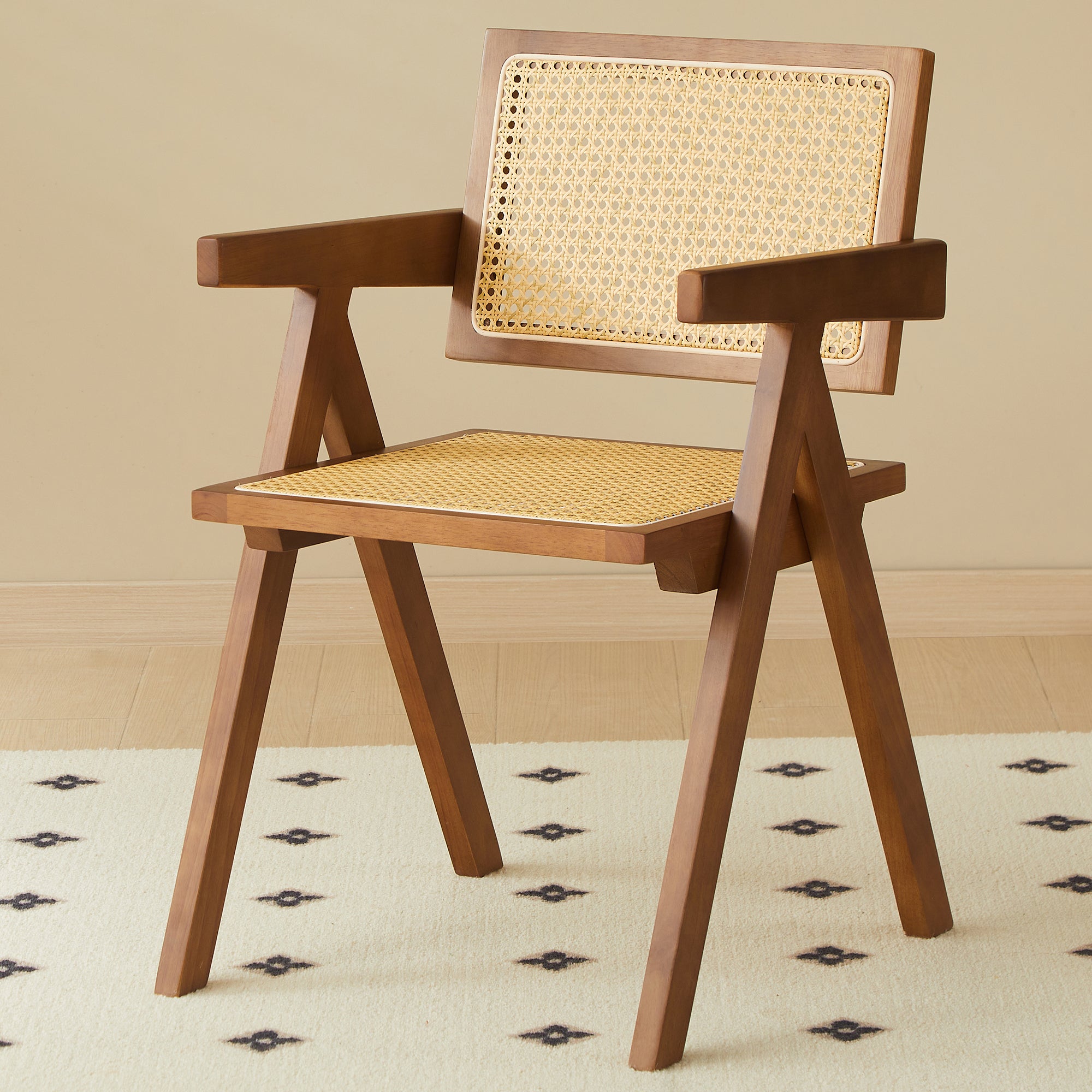 Solid Wood Dining Chairs with Armrests - Natural Rubber Wood & Rattan Woven Design for Kitchen, Dining Room, or Outdoor Patio
