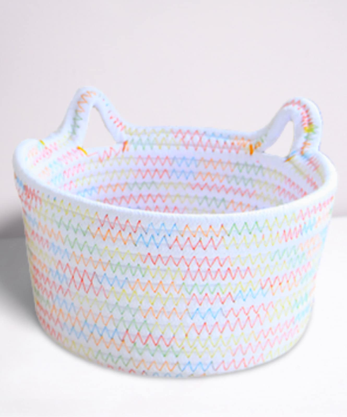 Cute Woven Rope Basket with Cat Ears - Small Round Pet Storage Organizer for Dogs & Cats | Handled Decorative Desk Basket for Baby Toys, Home Decor & Gift Giving (White) - Perfect for Nursery, Living Room & Pet Play Areas
