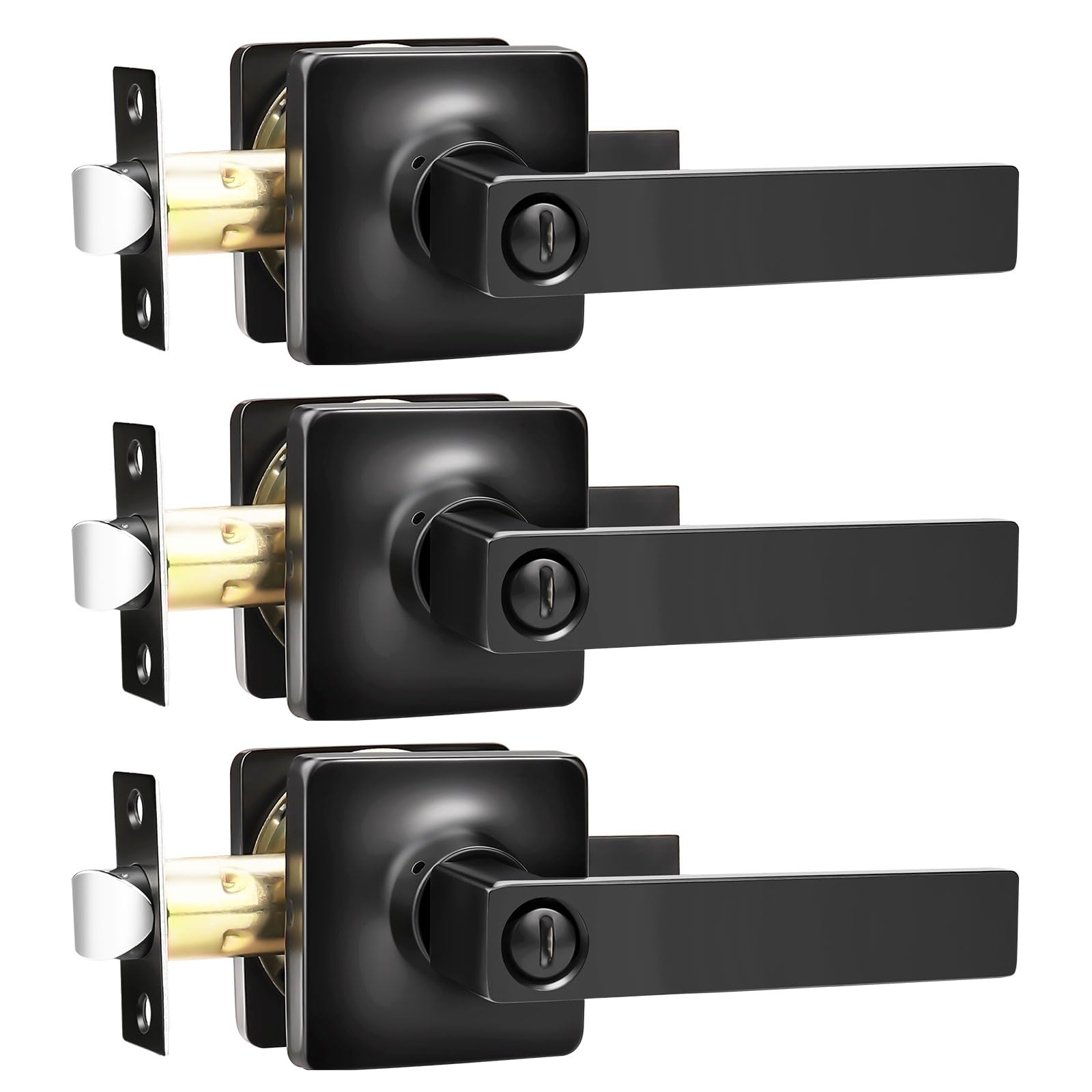 Gobekor 3-Pack Matte Black Privacy Door Handles - Square Lever Interior Door Handles with Lock - Modern Door Hardware for Bedroom, Bathroom & Office Privacy