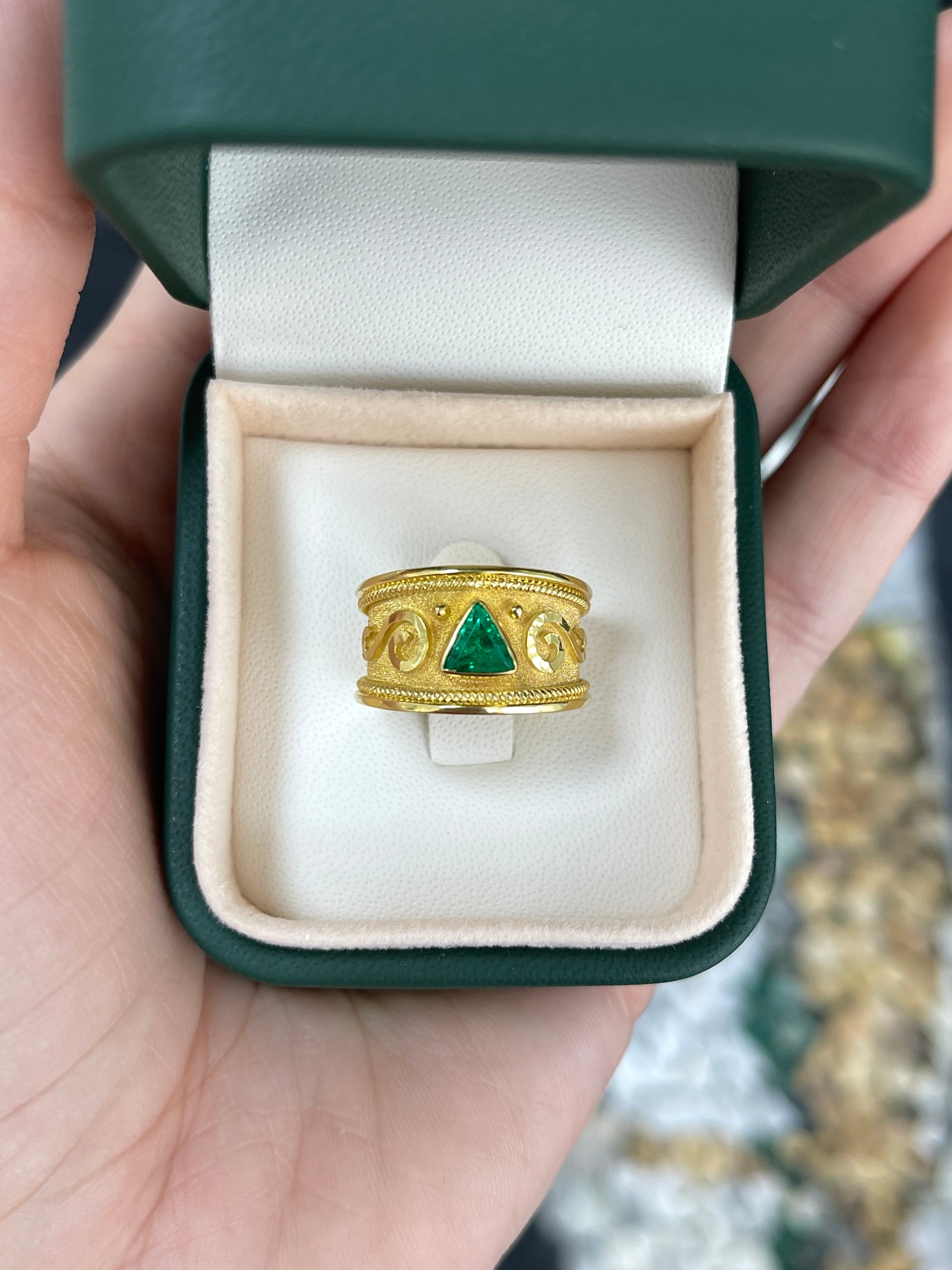 18K Gold Byzantine Trillion Cut Emerald Solitaire Ring - Size 6 - Elegant Wedding, Engagement & Anniversary Jewelry Gift for Women