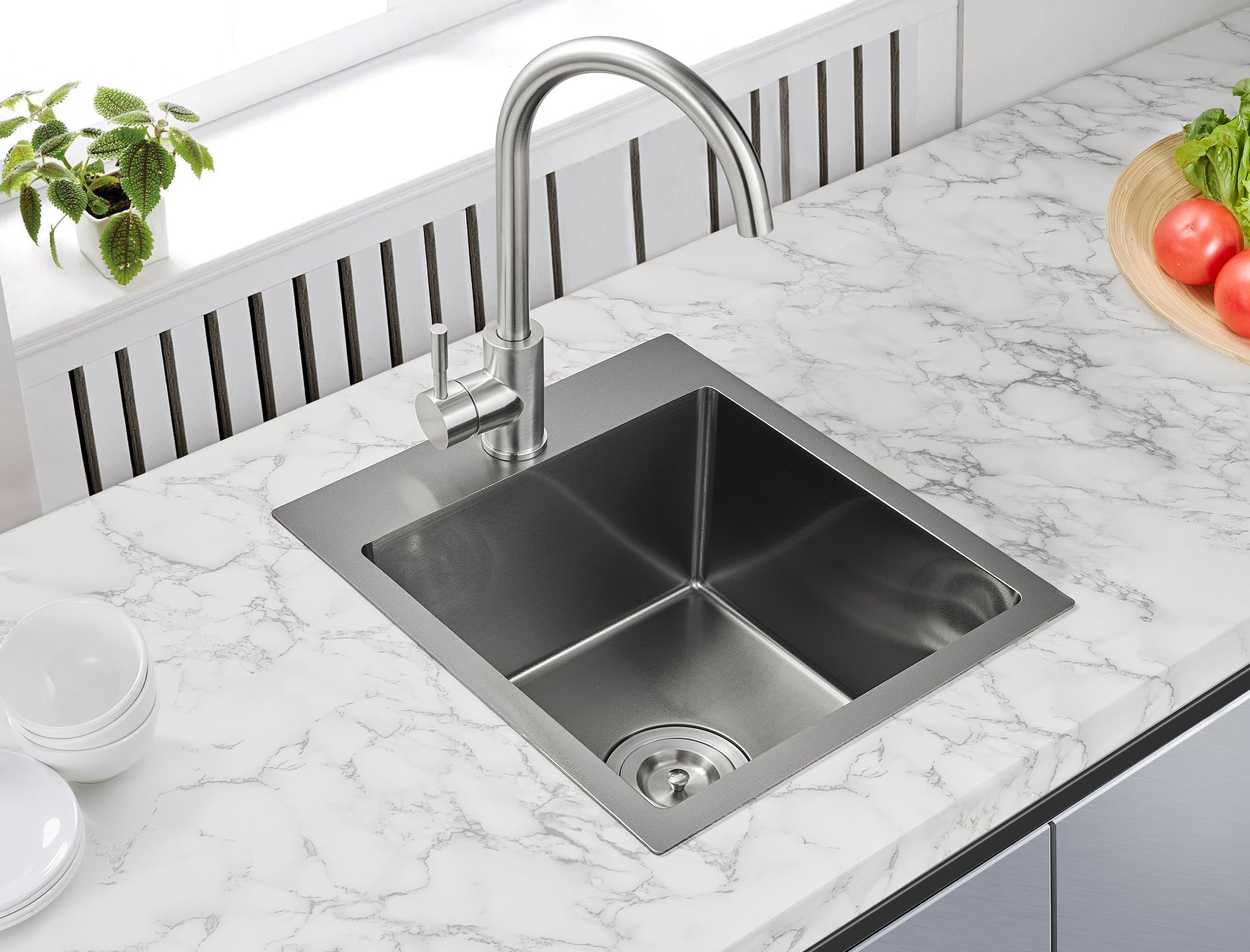 15 x 17 Inch Drop-in Kitchen Sink - 18 Gauge Stainless Steel Single Bowl with Single Faucet Hole - Topmount Bar & Prep Sink (Black) - Perfect for Small Kitchens, RV Campers & Food Prep Stations