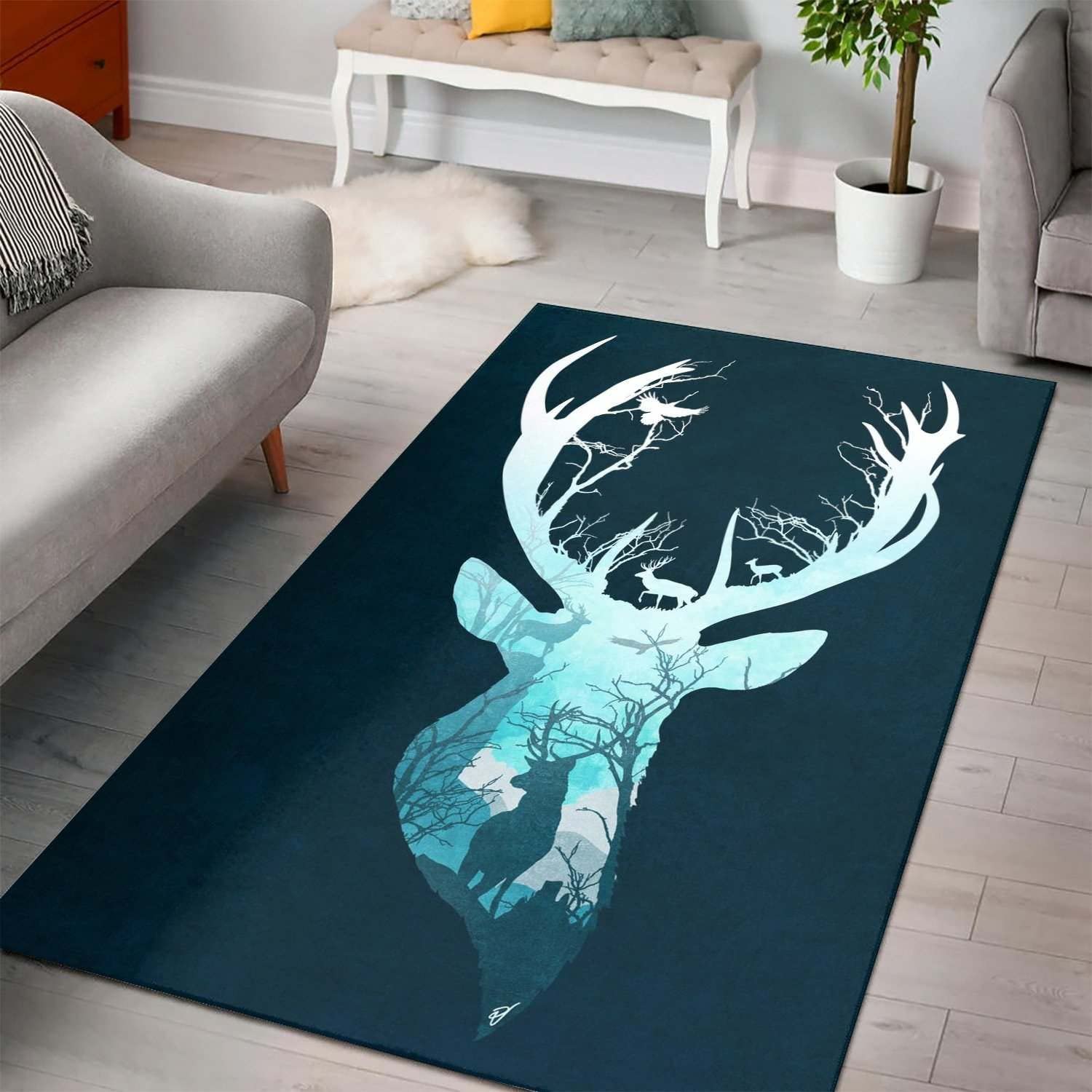 Deer Print Area Rug - Modern Geometric Forest Landscape with Deer Silhouette, Soft Non-Slip Rug for Living Room, Bedroom, Nursery & Cabin Decor - Perfect for Rustic, Contemporary & Nature-Inspired Home Design