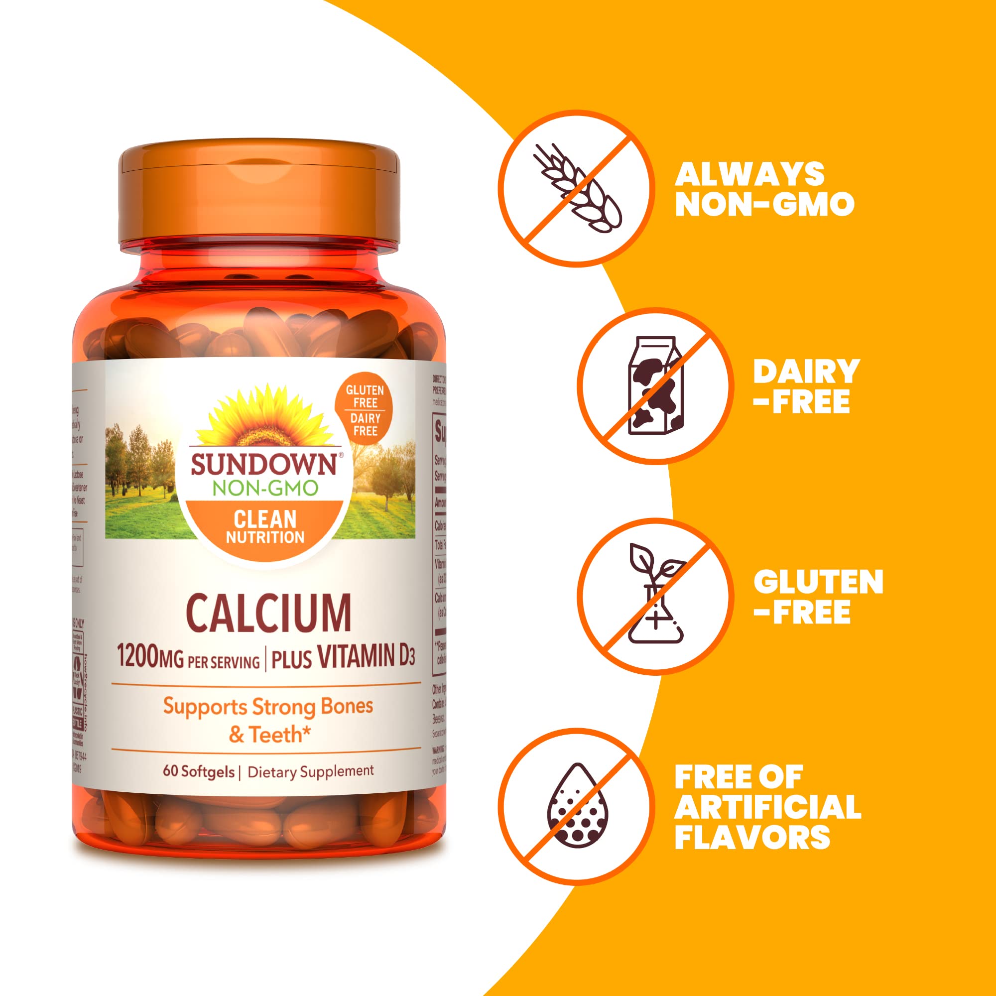 Sundown Calcium 1200 mg with Vitamin D3 Supplement - Supports Immune System, Strong Bones & Teeth - 60 Softgels - Ideal for Daily Bone Health & Immune Support for Adults & Seniors