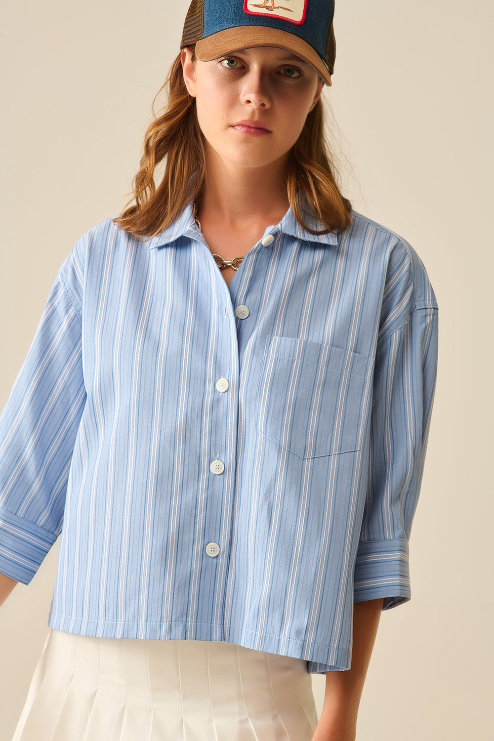 Oversized Cropped Striped Shirt Women's Blue & White Casual Summer Top - Perfect for Beach Outings, Street Style & Layered Looks