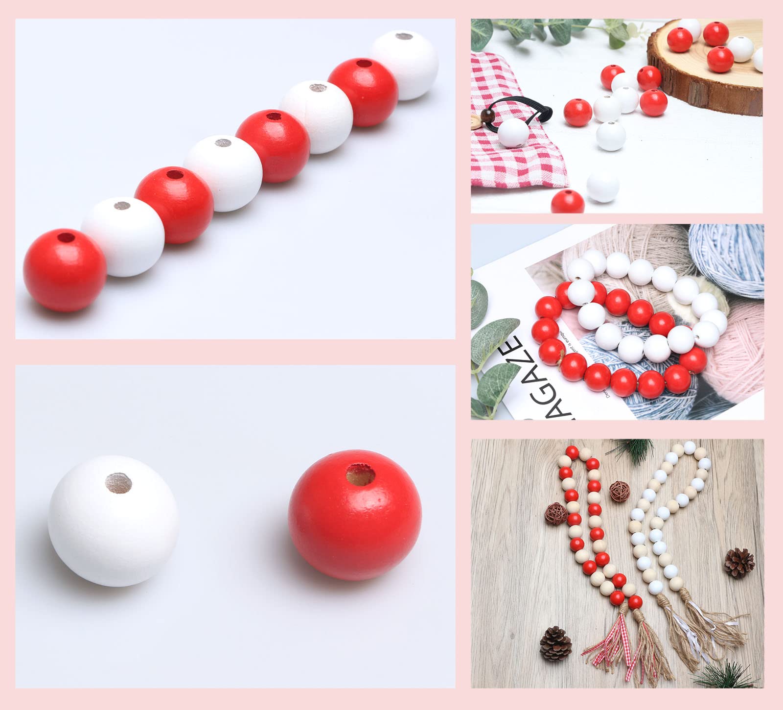 White Red Wooden Beads 20mm Round Beads 4mm Hole Bulk Loose Spacer Beads for Jewelry Making, DIY Crafts, Bracelets, Necklaces, Home Decor - 50Pcs Natural Wood Beading Supplies
