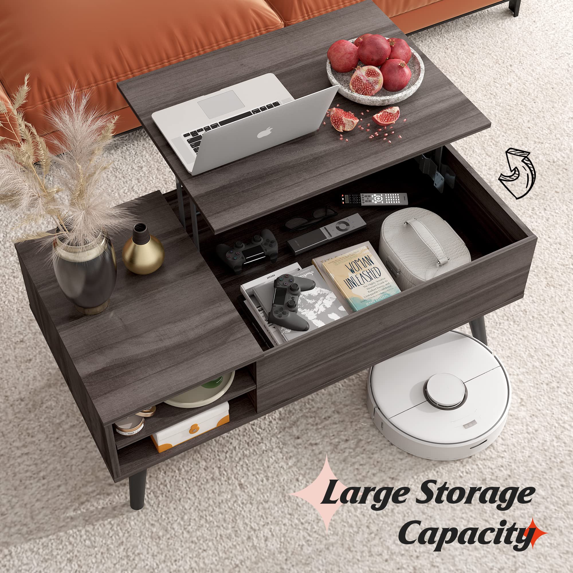 WLIVE Lift Top Coffee Table with Storage - Modern Mid Century Wooden Side Table with Hidden Compartment & Adjustable Shelf for Living Room, Bedroom, Office - Grey Home Decor Furniture