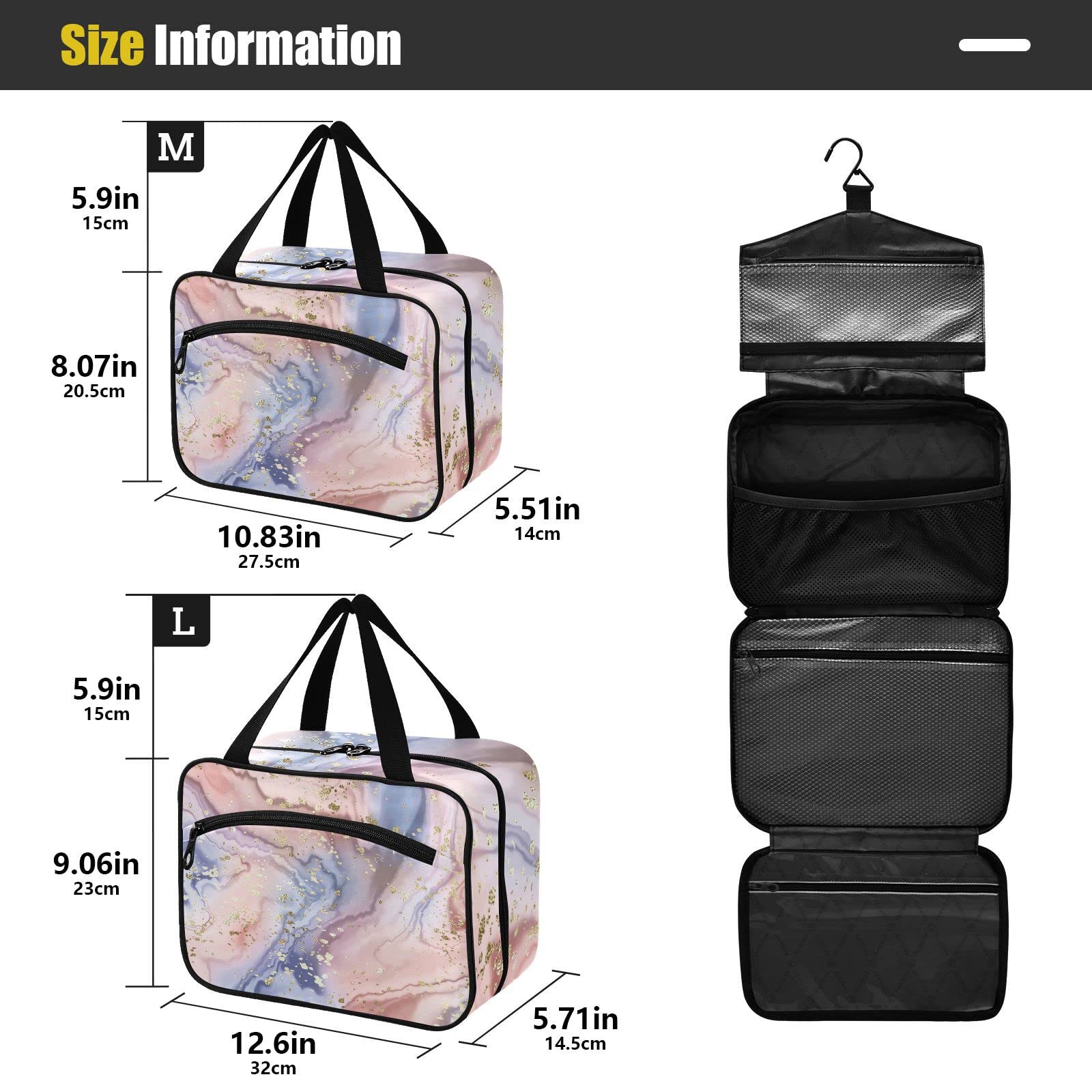 Gold Glitter Rose Marble Travel Toiletry Bag - Hanging Cosmetic Organizer for Women | Perfect for Vacation & Gym