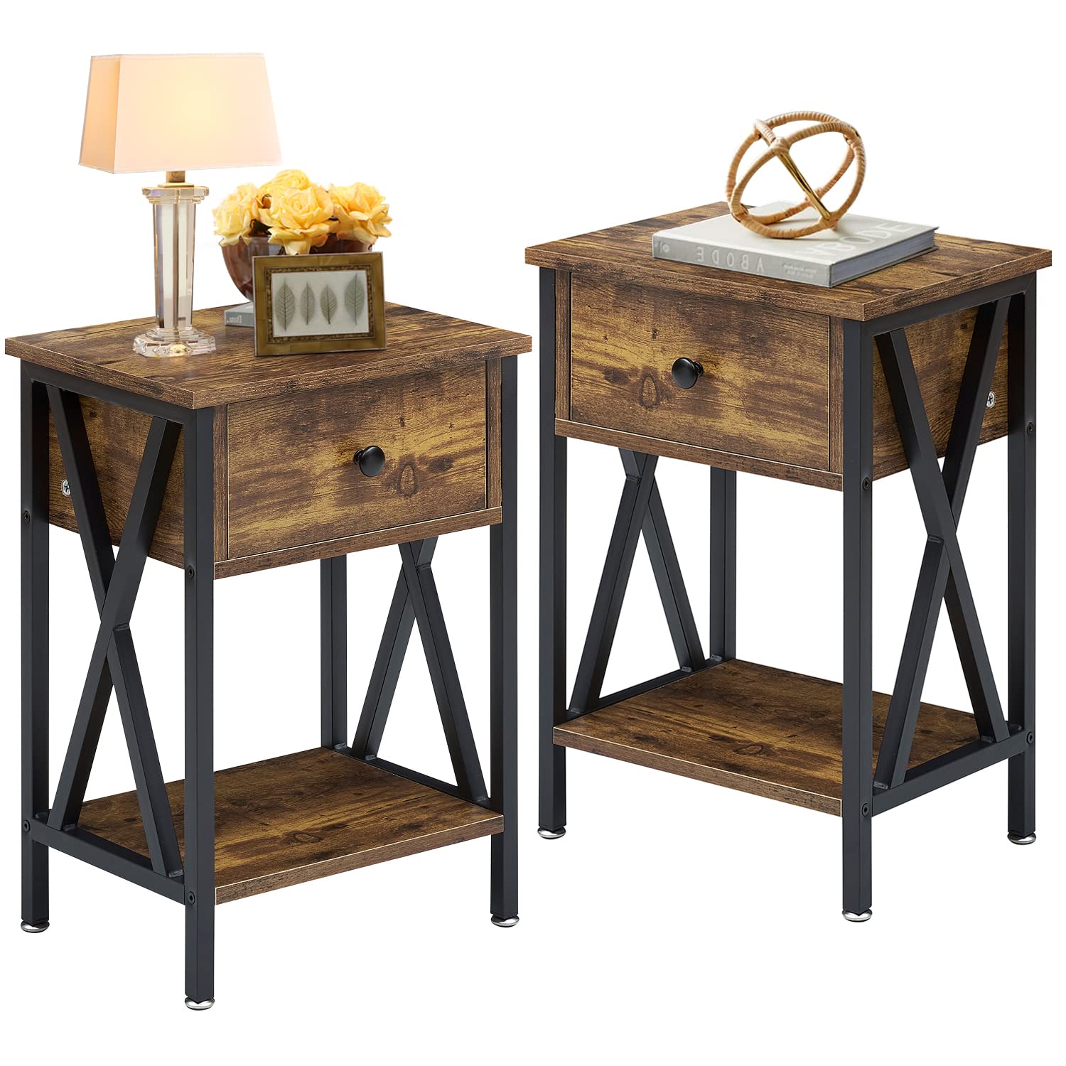 VECELO Modern Night Stand Set of 2 with Drawer & Storage - Bedside End Tables for Bedroom, Living Room & Office - Perfect for Small Spaces, Apartment Furniture & Home Decor (2 PCS, ATB)
