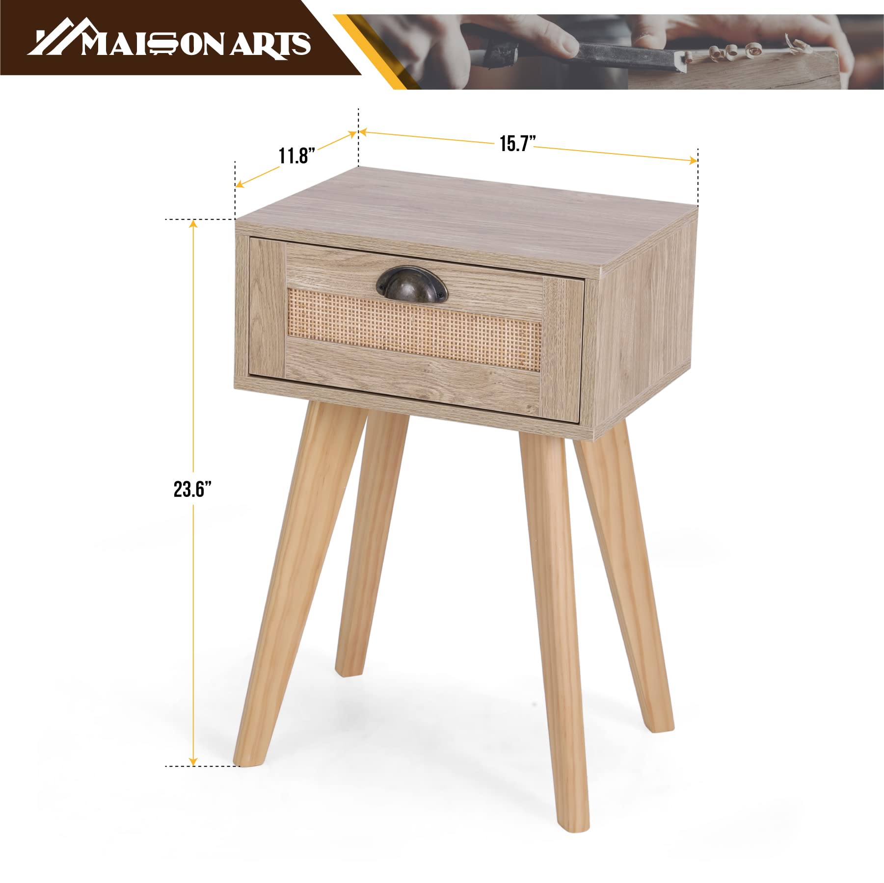 MAISON ARTS 2-Piece Nightstand Set with Drawer - Solid Wood Legs & Rattan Storage Bedside Tables for Bedroom & Living Room - Easy Assembly - Perfect for Small Spaces, Guest Rooms & Apartment Decor
