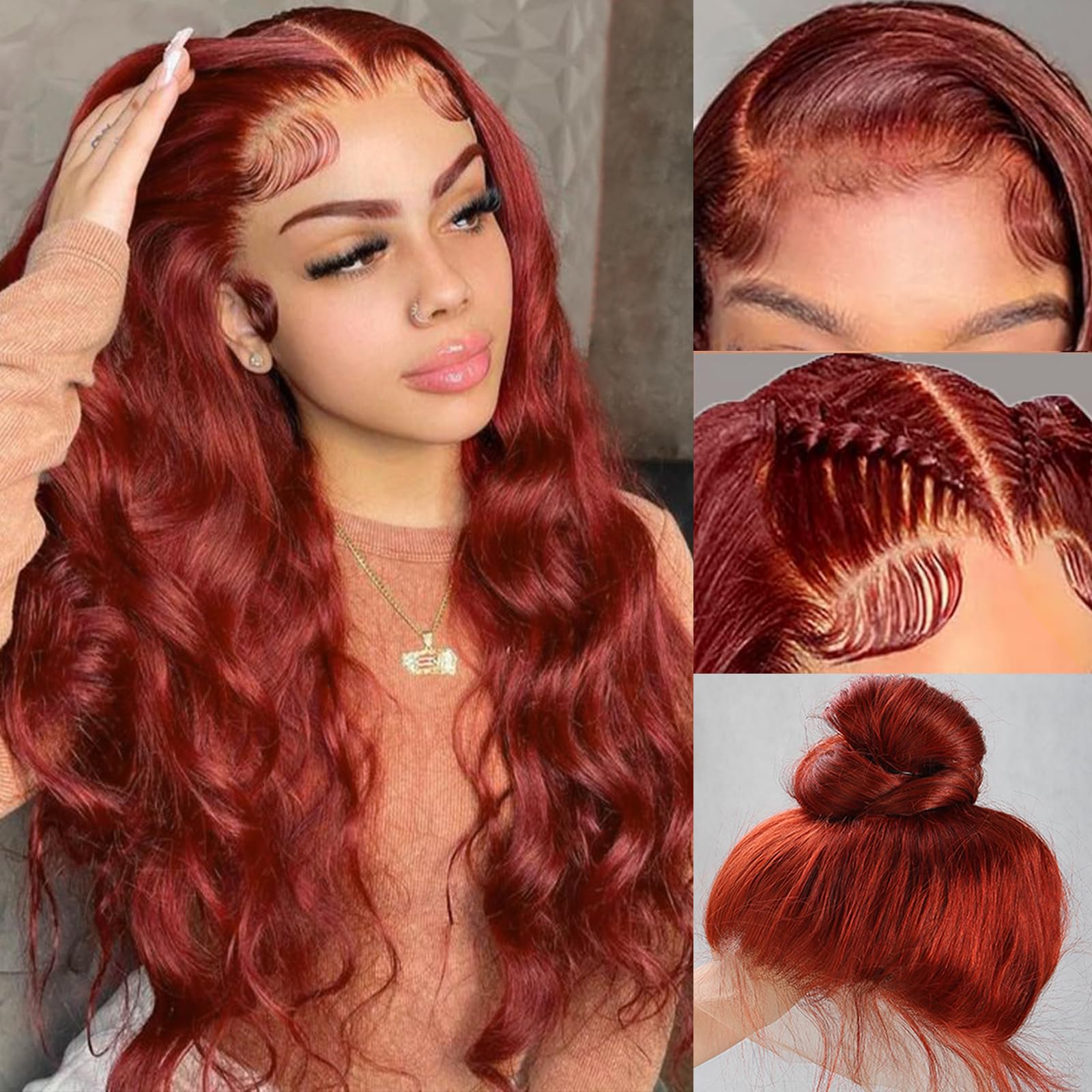 360 Lace Front Wig Human Hair 26 Inch - Reddish Brown Body Wave 180% Density HD Lace Frontal Wig (Ginger Auburn/Orange Red) | Glueless Design for Daily Wear, Cosplay & Special Occasions