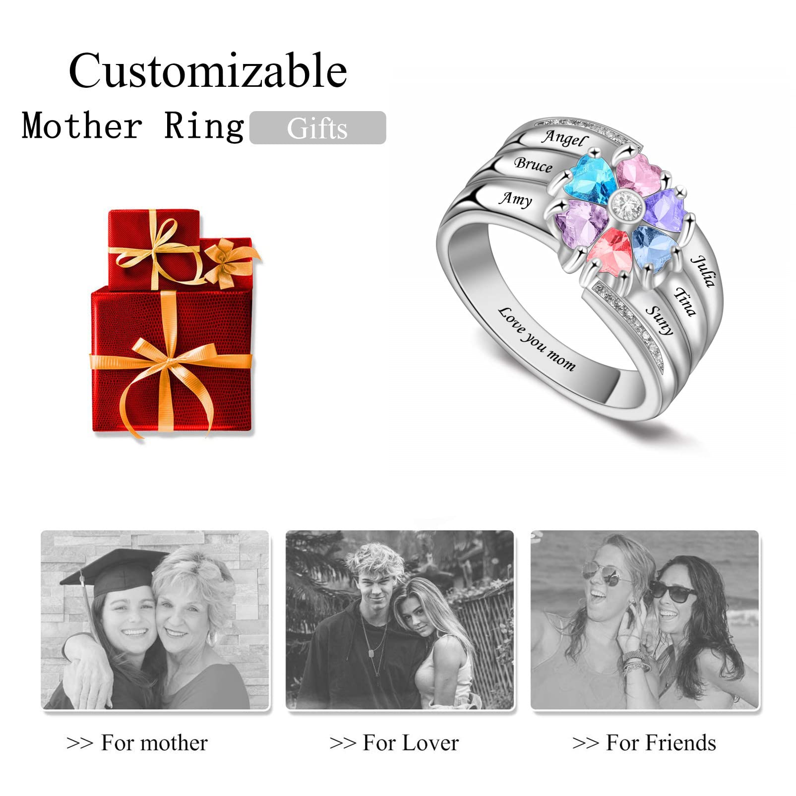 Personalized Mothers Rings with 4-8 Simulated Birthstones - Custom Family Name Jewelry for Mom & Grandma - Perfect Gift for Mother's Day, Christmas & Special Occasions - Ideal for Anniversaries, Family Reunions & Everyday Wear