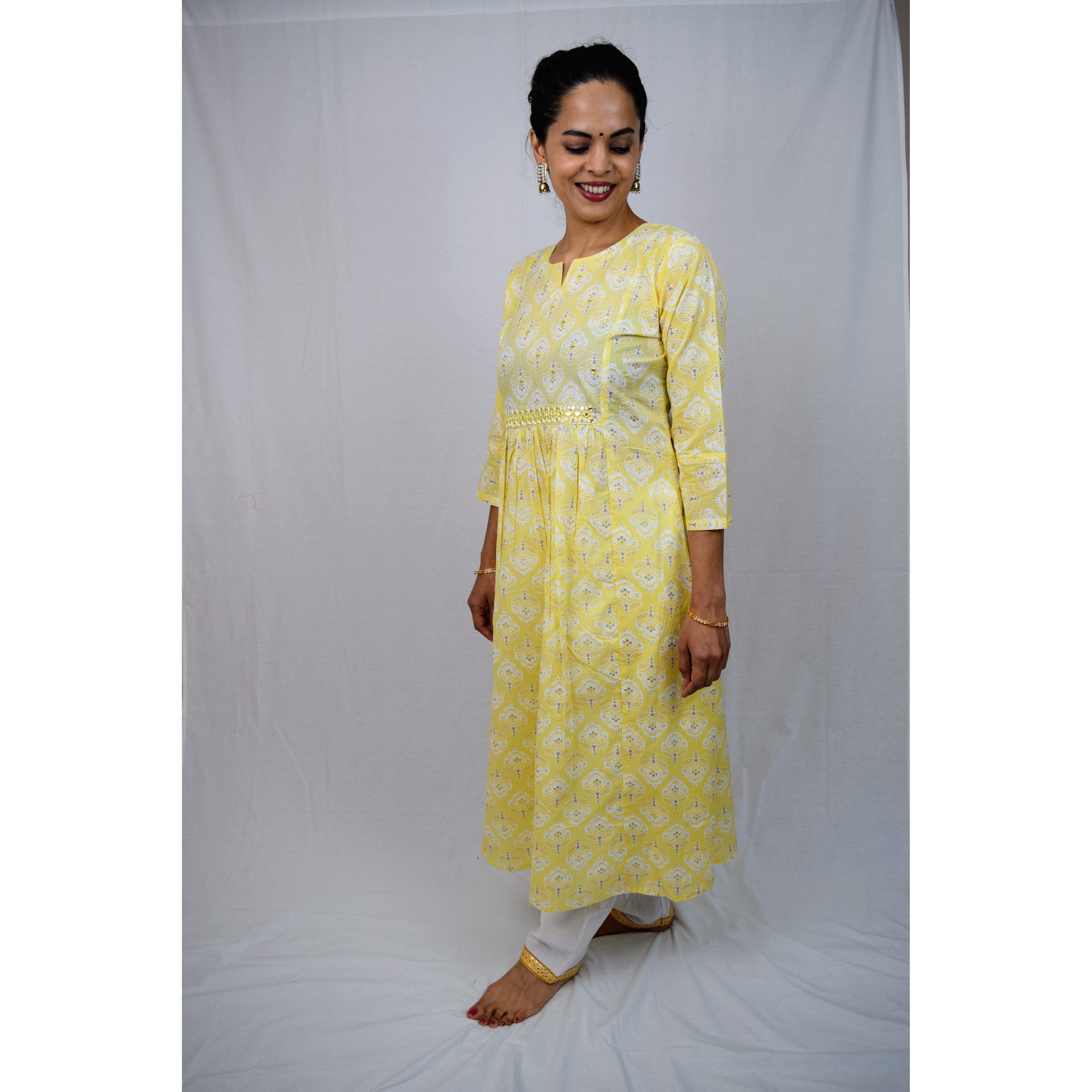 Stylish Yellow and White Kurti with Elegant Mirror Embroidery - Perfect for Festivals, Parties & Casual Wear