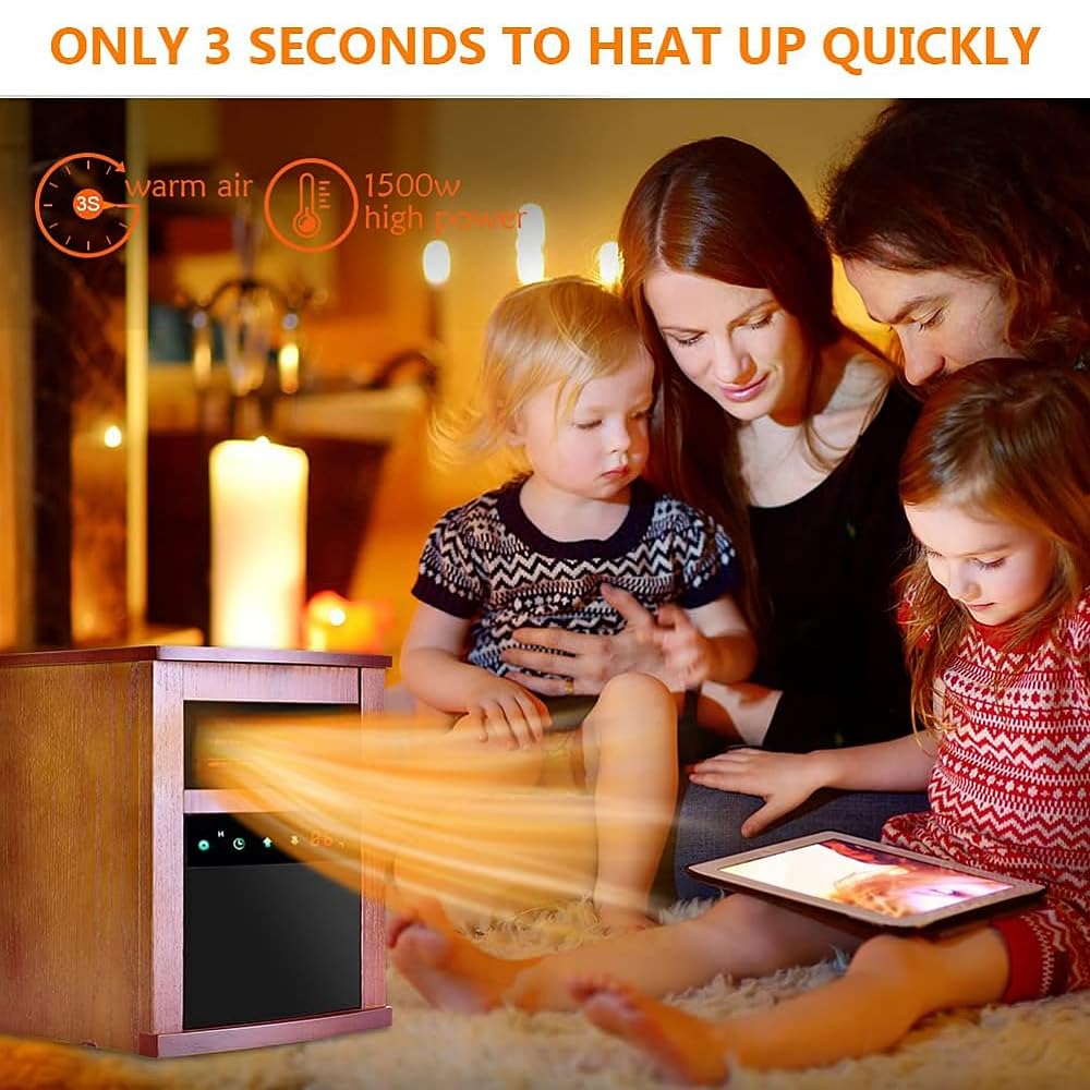 1500W Electric Space Heater with Infrared Technology - 3 Heating Modes, Adjustable Thermostat, Remote Control & 12-Hour Timer - Compact Portable Indoor Heater for Bedroom, Office, Living Room (Dark Walnut) | Perfect for Winter Warmth & Energy-Efficient Home Heating