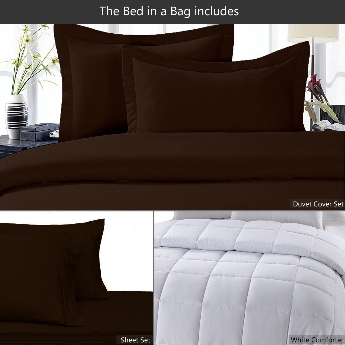 8-Piece Queen Size Bed in a Bag Set - 100% Cotton 300TC Solid Chocolate (Sheet Set + Duvet Cover) + All-Season White Down Alternative Comforter - Perfect for Master Bedroom, Guest Room & Dorm Essentials