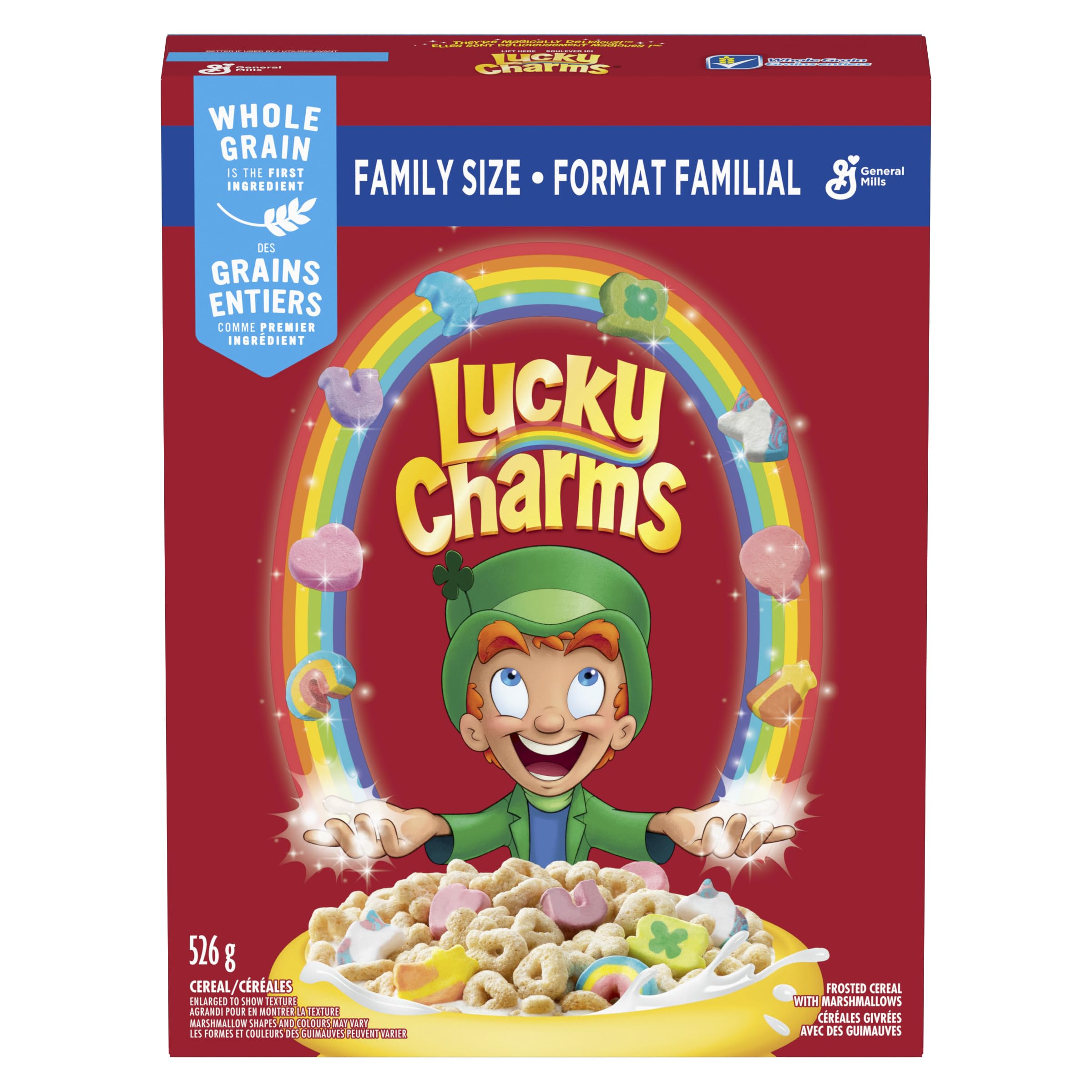 Lucky Charms Family Size Cereal Box with Marshmallows - 18.5oz Frosted Oat Cereal with Colorful Marshmallows - Perfect for Breakfast, Snacks & Family Sharing (526g)