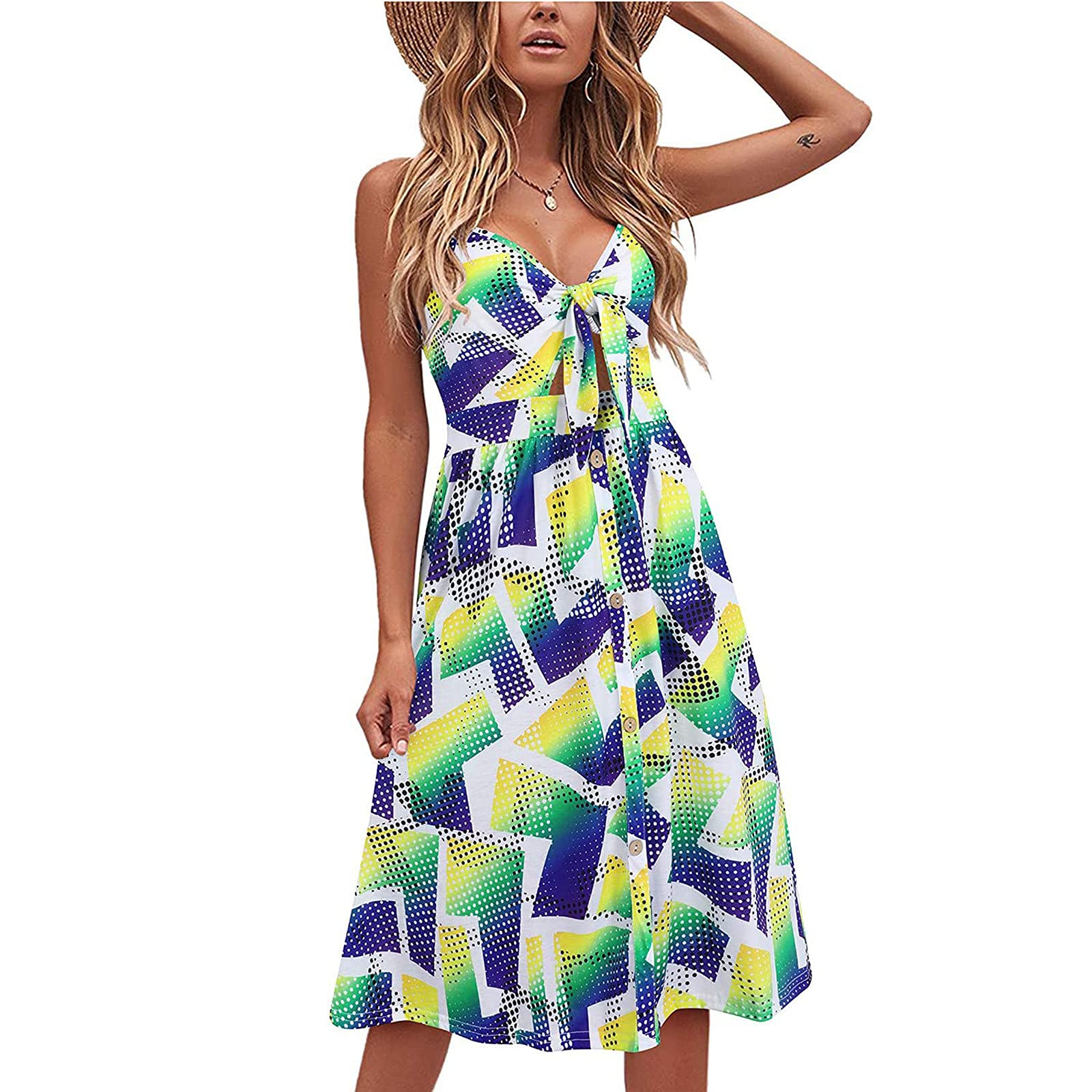Women's Floral Summer Sundress - V Neck Tie Front Spaghetti Strap Casual Dress for Beach, Vacation & Outdoor Parties