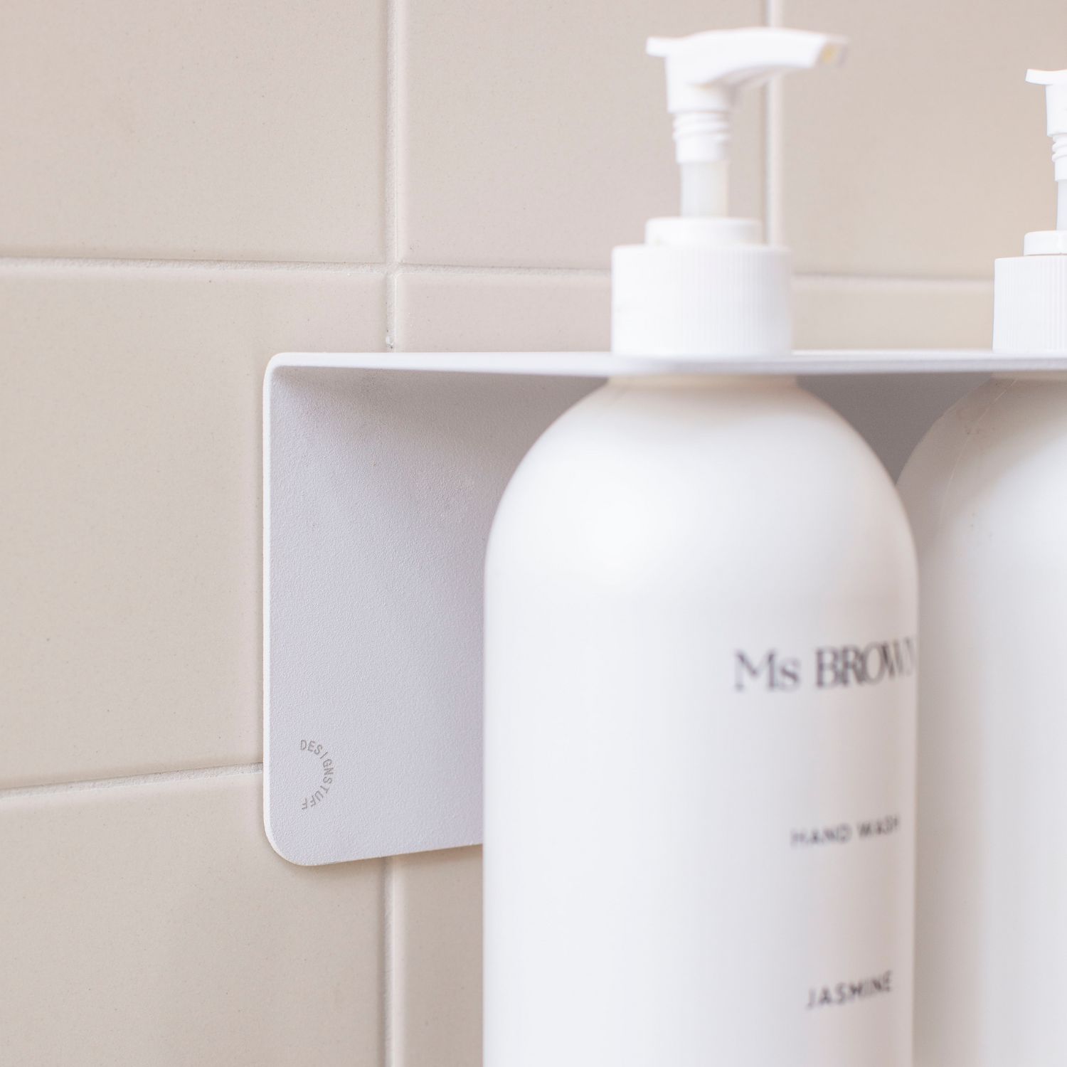 DESIGNSTUFF White Bathroom Shelf with Dual Soap Dispenser Holder - 40 cm Wall Mounted Organizer for Shower, Kitchen, or Vanity Storage