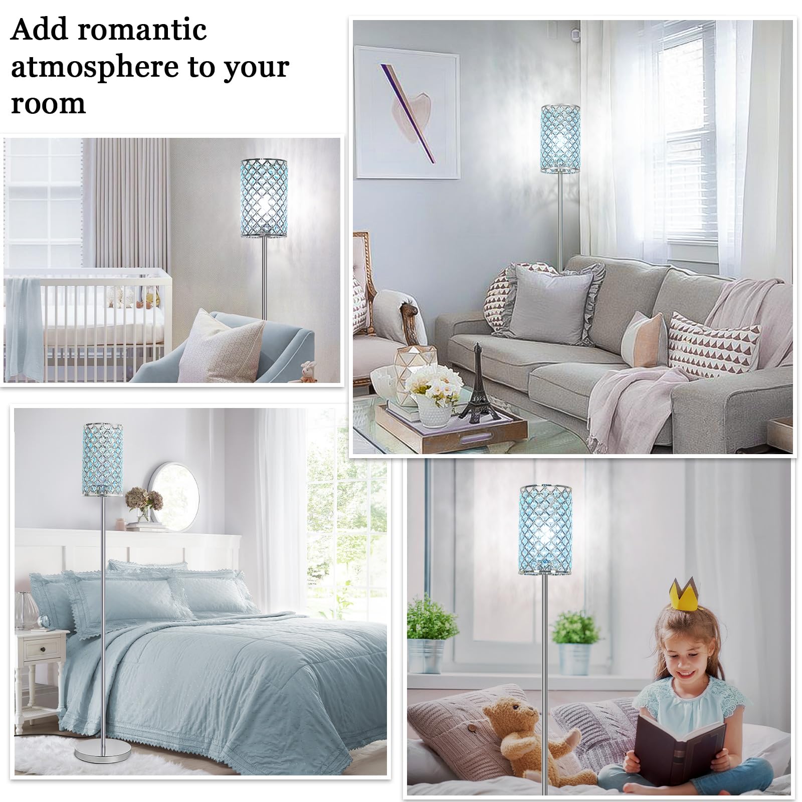 Crystal Floor Lamp with Teal Shade - Elegant Silver Standing Light for Living Room, Bedroom, Office & Dresser | Tall Pole Lamp with E26 Base | Perfect for Girls Room, Reading Nook & Home Decor