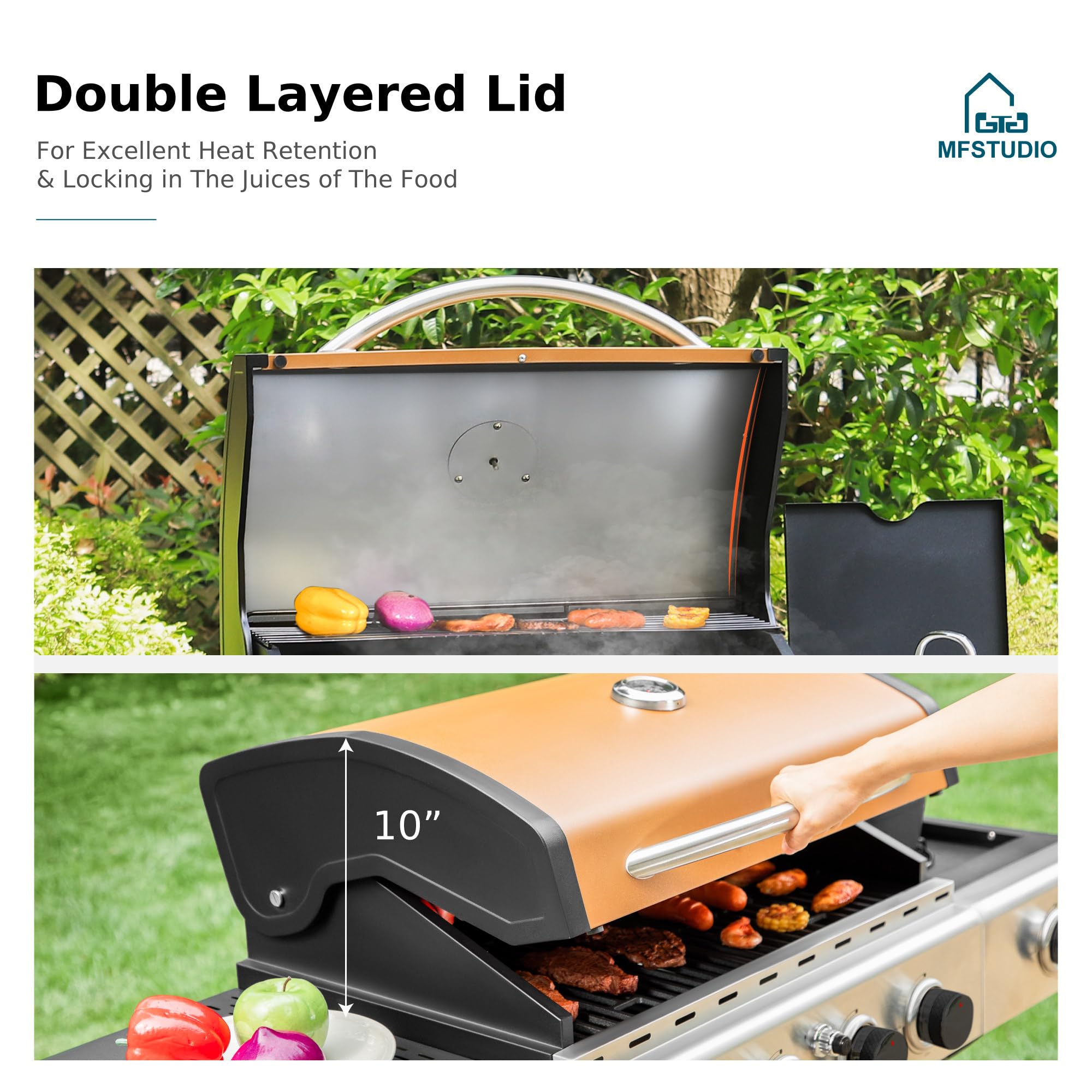MFSTUDIO 4-Burner Propane Gas Grill - Stainless Steel BBQ Grill with Side Burner & Porcelain-Enameled Cast Iron Grates | High Output Outdoor Cooking for Backyard, Patio, Camping & Tailgating | Gold Finish