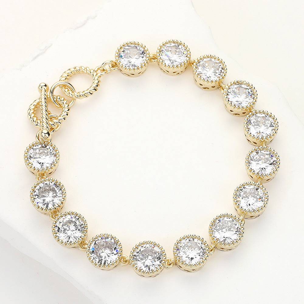 14K Gold Plated Round CZ Stone Bezel Link Toggle Bracelet for Women - Elegant Cubic Zirconia Jewelry for Party, Wedding & Everyday Wear