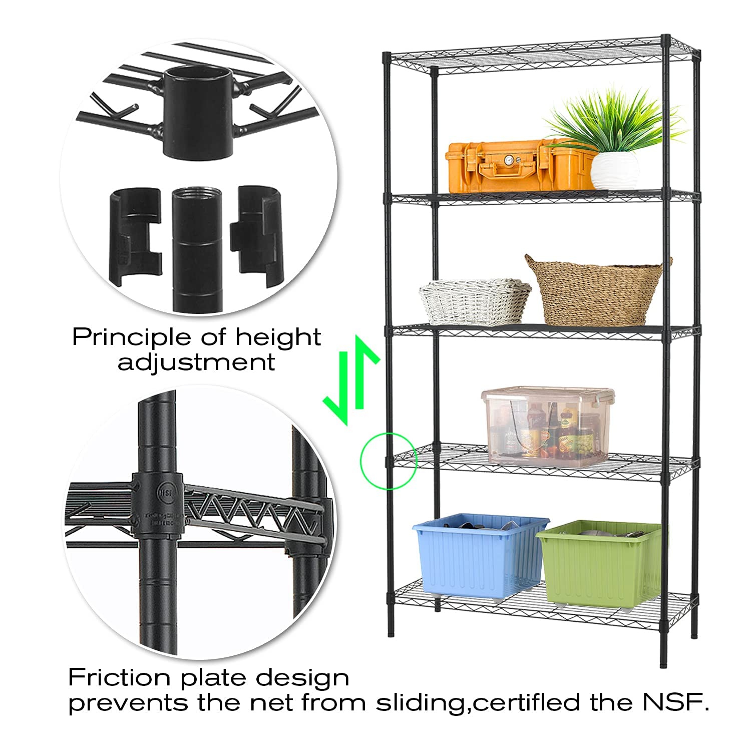 Heavy Duty 5-Tier Metal Storage Shelf - Adjustable NSF Commercial Shelving Unit for Laundry, Bathroom, Kitchen, Garage & Pantry Organization (14