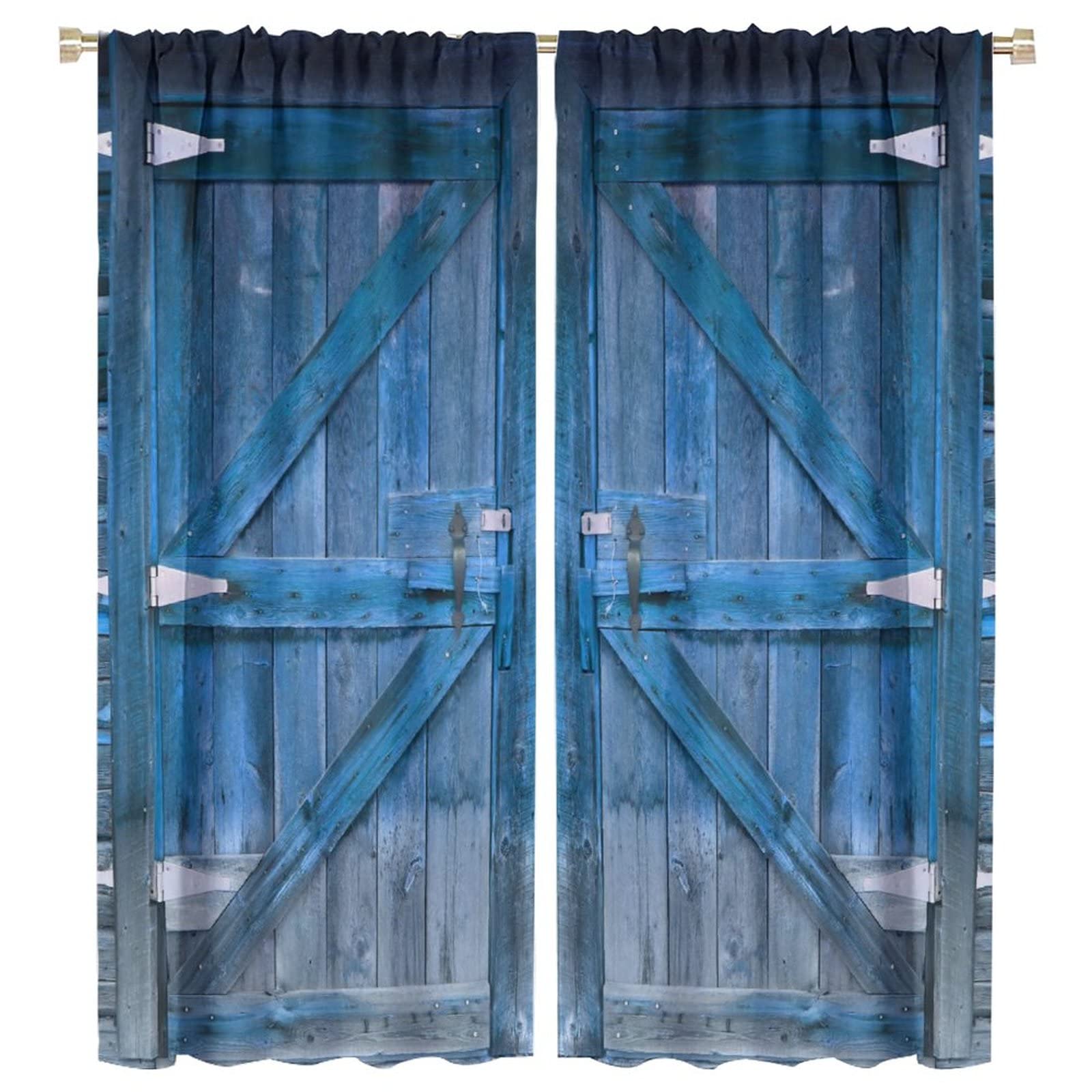 Rustic Wooden Blackout Curtains - Vintage Blue Barn Door Farmhouse Style Thermal Insulated Drapes (55x63 inches) for Bedroom, Living Room & Kitchen | Noise Reduction, Light Blocking & Energy Saving Window Treatment | Perfect for Farmhouse Decor, Countryside Homes & Cozy Spaces