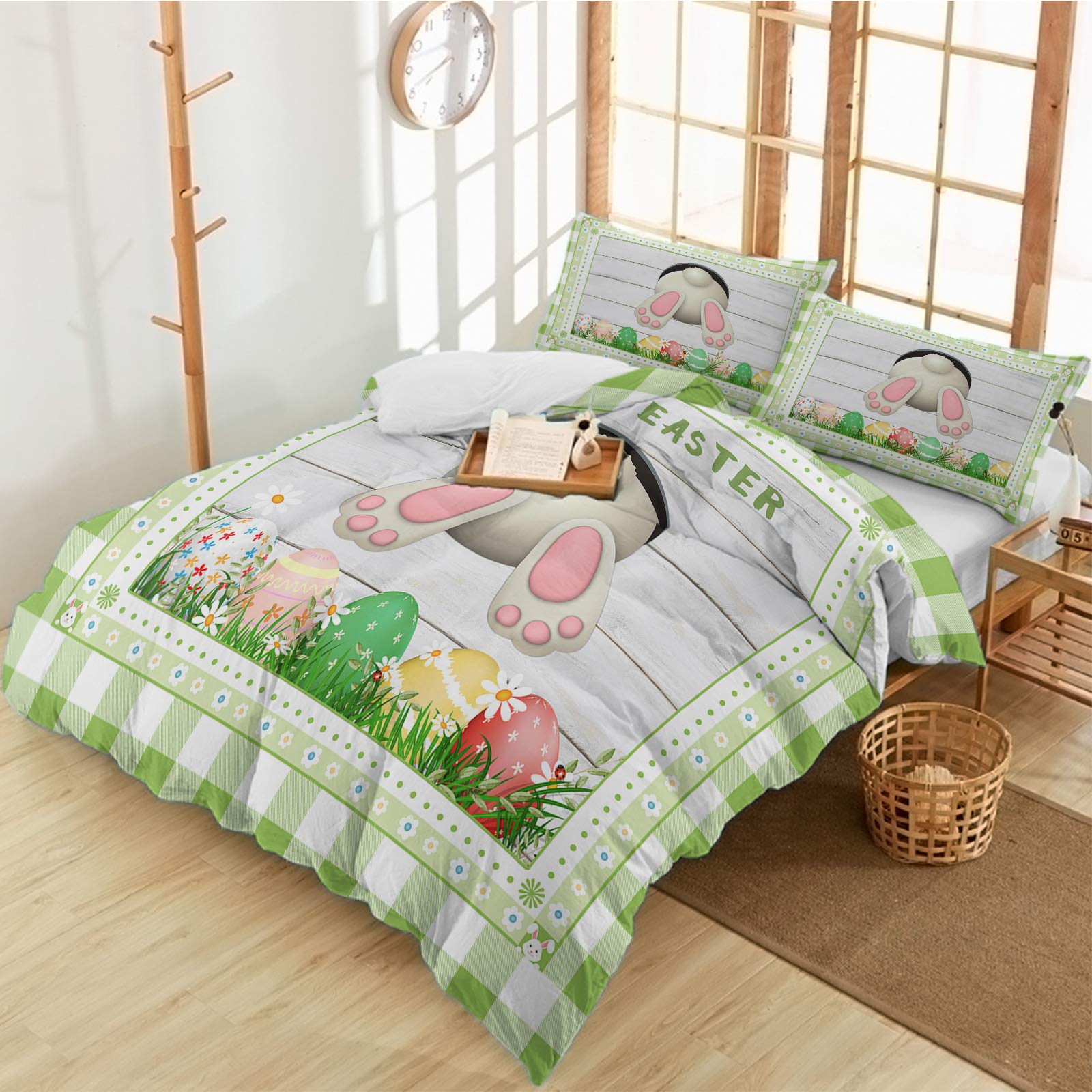 Easter Queen 3-Piece Bunny Tail Egg Duvet Cover Set - Super Soft Breathable Bedding with Floral Green Plaid & White Plank Design - Machine Washable Quilt Cover & Pillowcases for Bedroom, Guest Room - Perfect for Spring Decor, Easter Celebrations & Cozy Home Styling