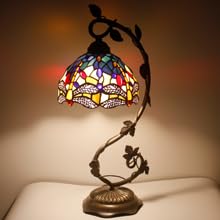 Tiffany Style Stained Glass Table Lamp with Blue & Yellow Dragonfly Design - Metal Leaf Base, 8x10x21 Inches - Perfect for Bedroom, Home Office, Living Room Decor - S128 Series