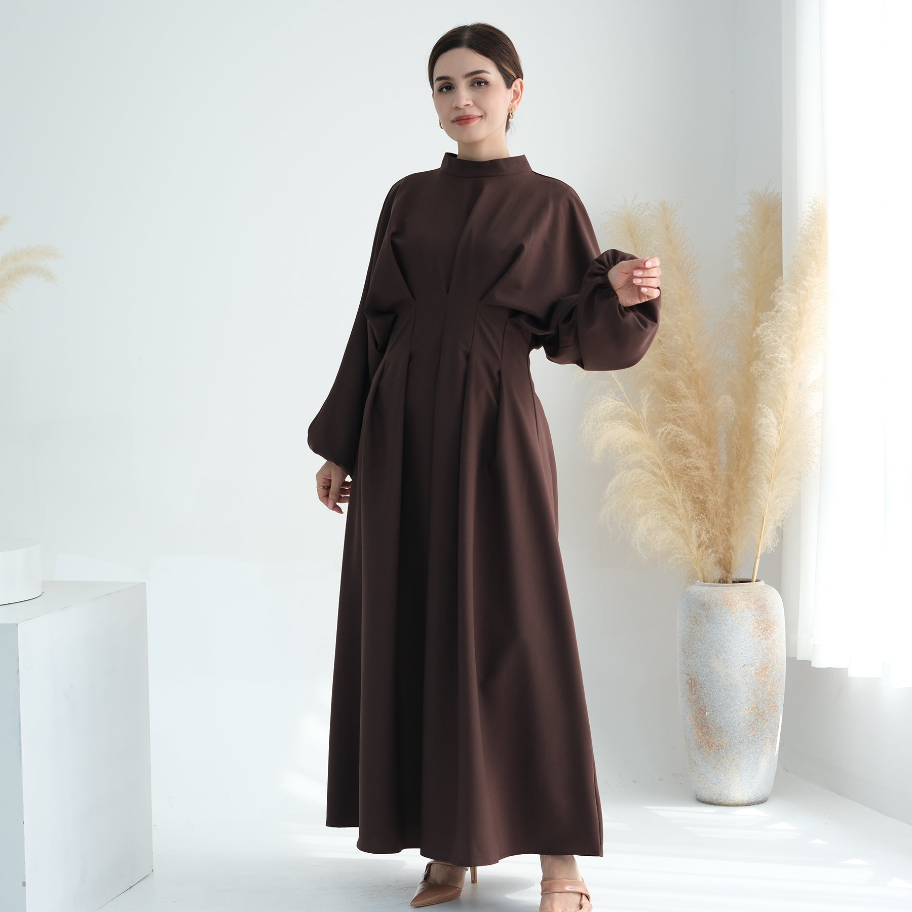 Madison Long Sleeve Maxi Dress for Women - Elegant Coffee Brown Flowy Boho Style - Perfect for Weddings, Parties & Fall Fashion