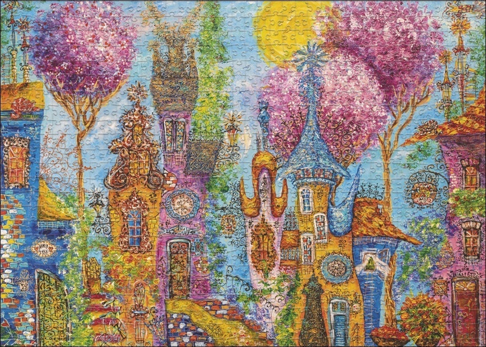 Heye 1000 Piece Jigsaw Puzzle - Charming Village with Pink Trees | Fun Family Activity & Home Decor for Puzzle Lovers