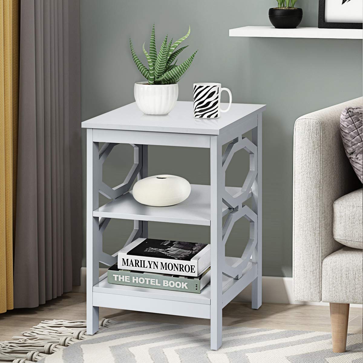 KOTEK 3-Tier Nightstand Set of 2, Wooden Side Table with Storage Shelves for Bedroom & Living Room - Sturdy Accent Table, End Table or Bedside Table - Easy Assembly (Grey) | Perfect for Small Spaces, Apartment Decor & Nightstand Organization