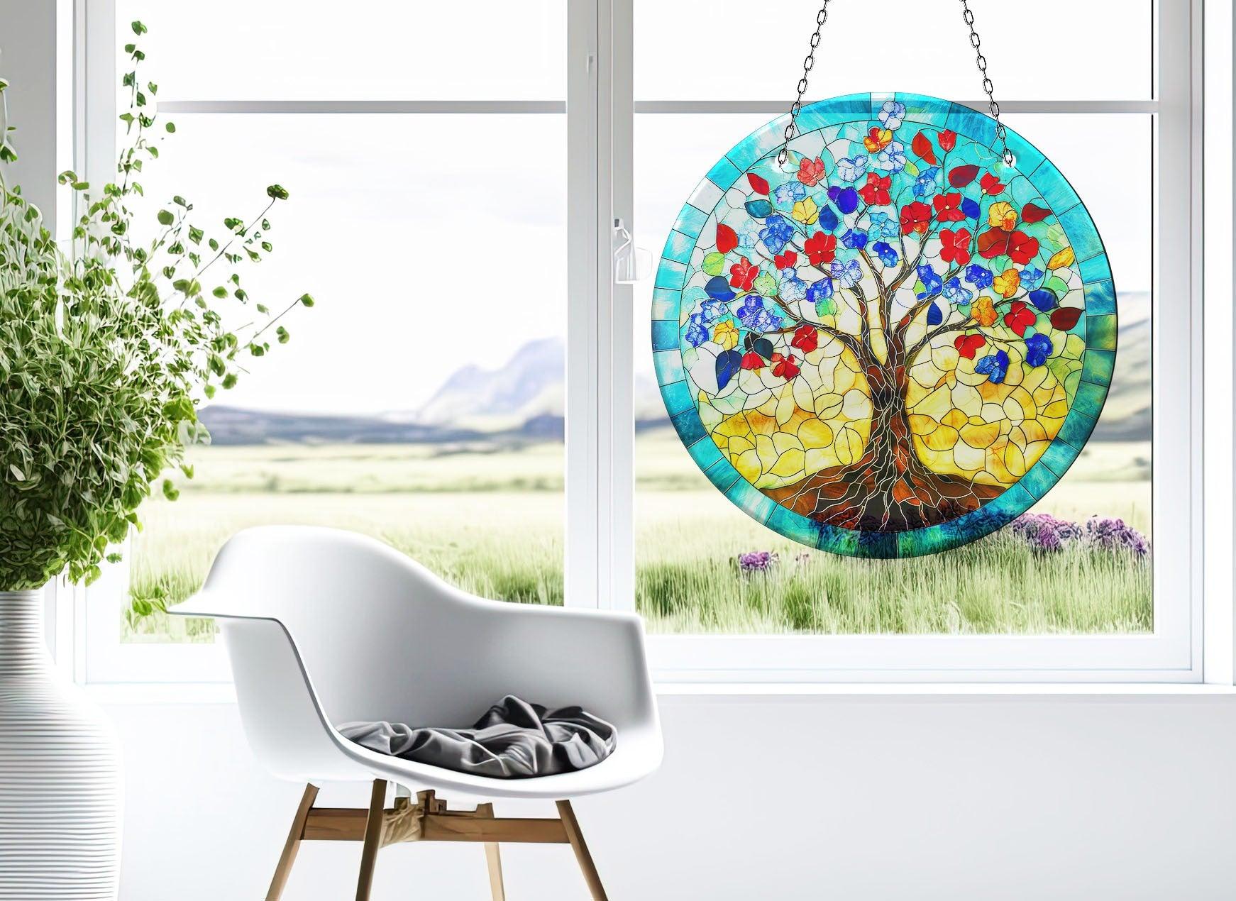 Blue Tree of Life Suncatcher - Handmade Stained Glass Window Decor for Home, Office & Garden - Perfect for Gifts & Spiritual Decorations