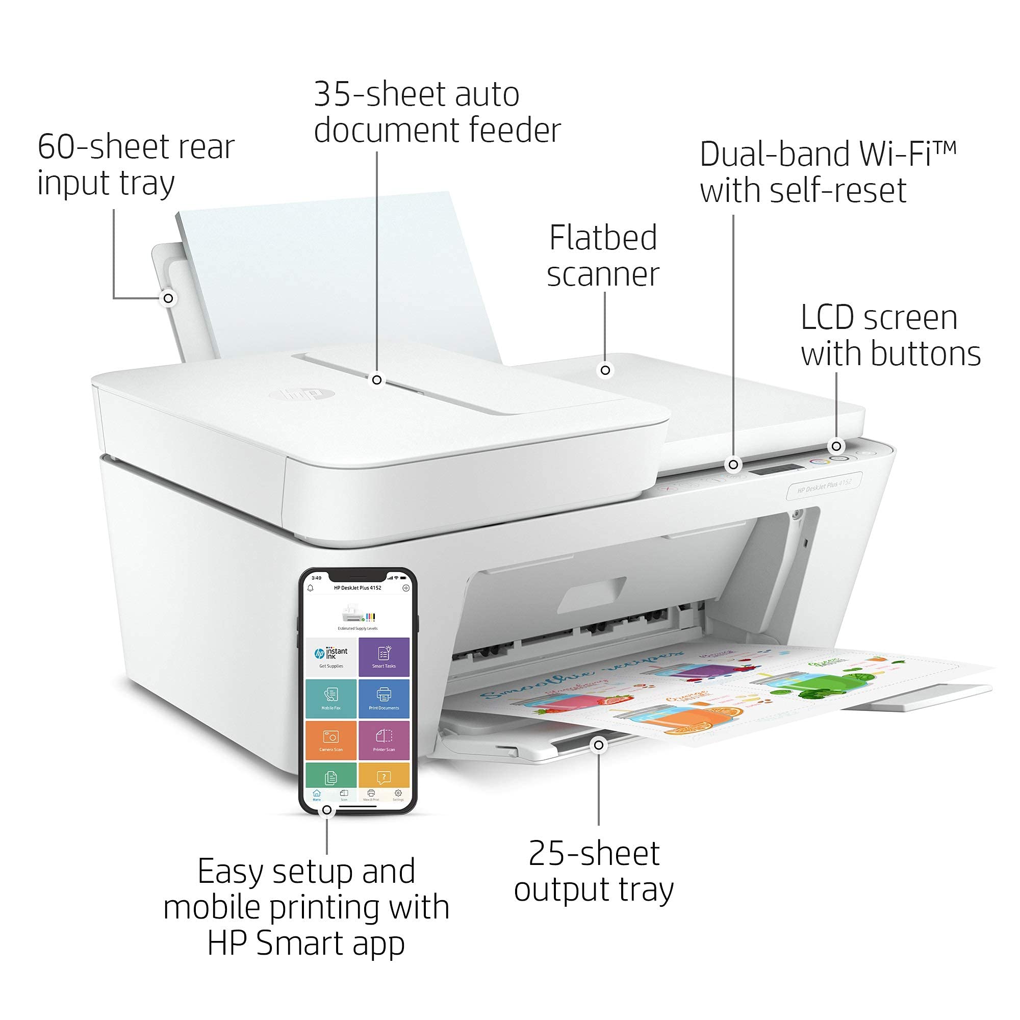 HP DeskJet Plus 4152 All-in-One Wireless Color Inkjet Printer with Scanner & Copier - Mobile Printing, Instant Ink Ready, Built-in USB & WiFi - Ideal for Home Office & Small Business (Renewed) | Print Documents, Photos, School Projects & Work Reports