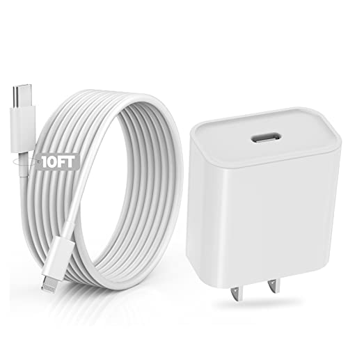 20W Fast iPhone Charger [Apple MFi Certified] - 10FT Extra Long USB-C to Lightning Cable for iPhone 13/12/11/XR/SE & iPad - Quick Charging Wall Adapter for Home, Office & Travel