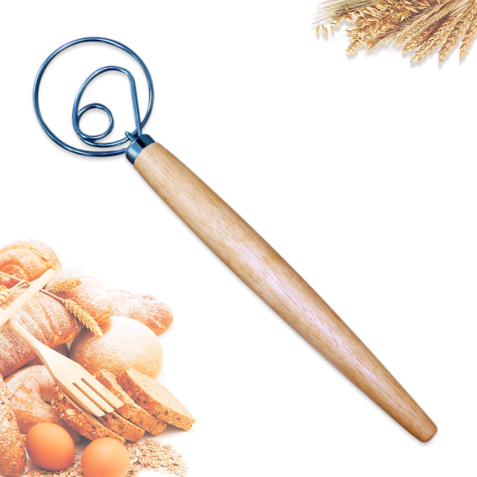 Premium Danish Dough Whisk - 13 Inch Stainless Steel Baking Tool with Wooden Handle for Cake, Pastry & Pizza Dough - Perfect for Home Bakers & Professional Kitchens