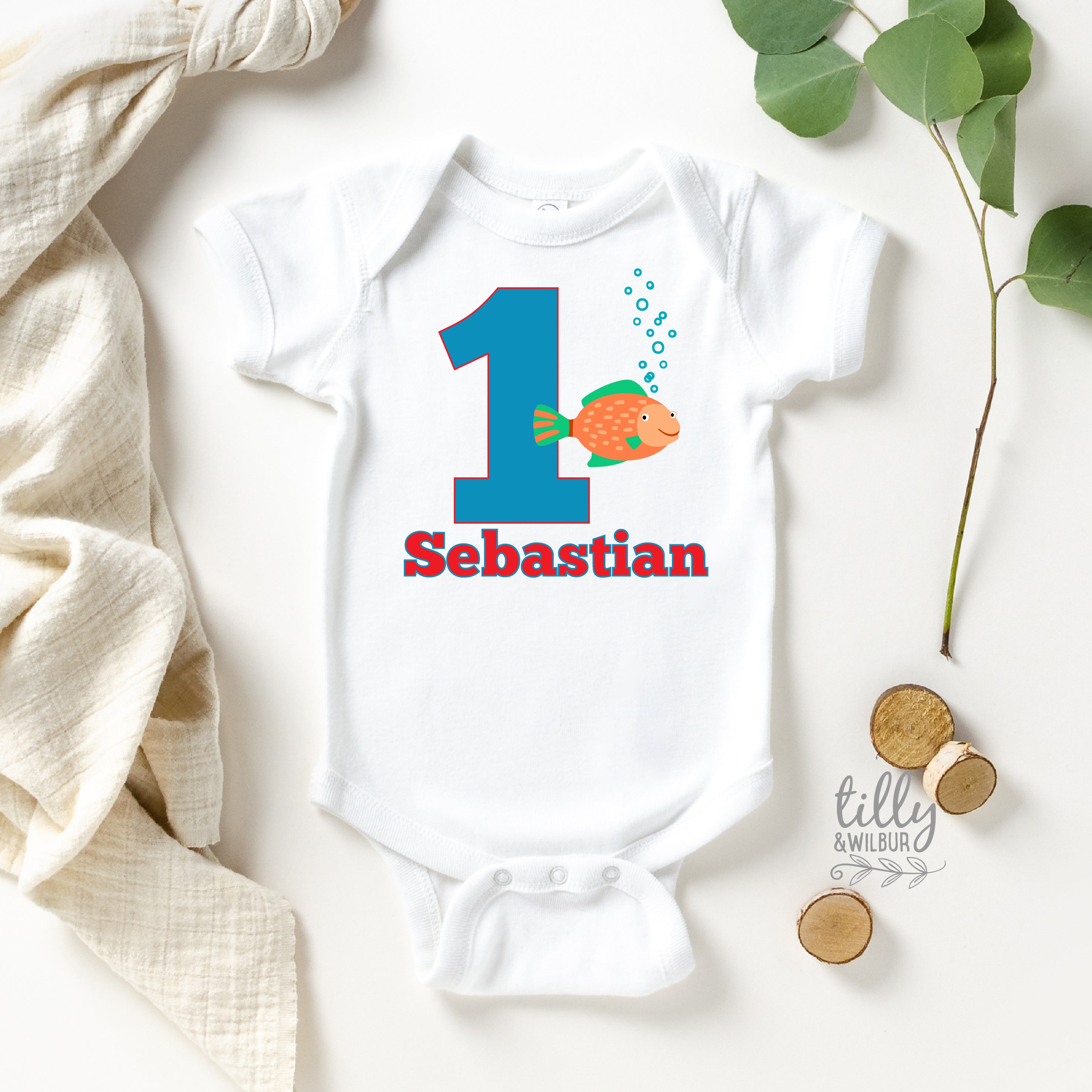 Personalized 1st Birthday Bodysuit with Fish Design - Custom Name Baby Onesie for Birthday Party, Photo Shoot & Special Occasions