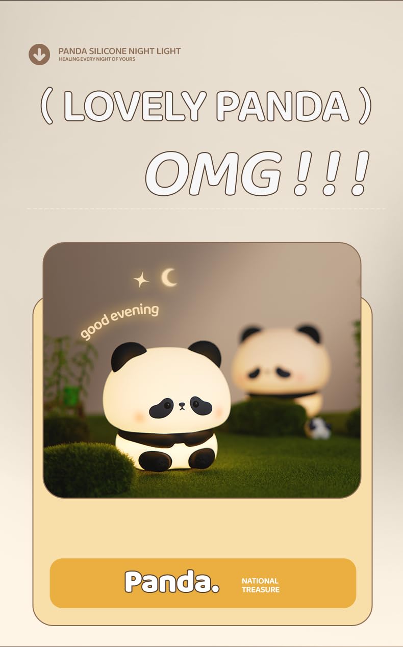 Cute Panda Night Light - LED Squishy Animal Night Lamp, Food Grade Silicone, 3-Level Dimmable & Rechargeable Nursery Light for Babies & Kids - Perfect for Bedtime, Feeding & Nursery Decor