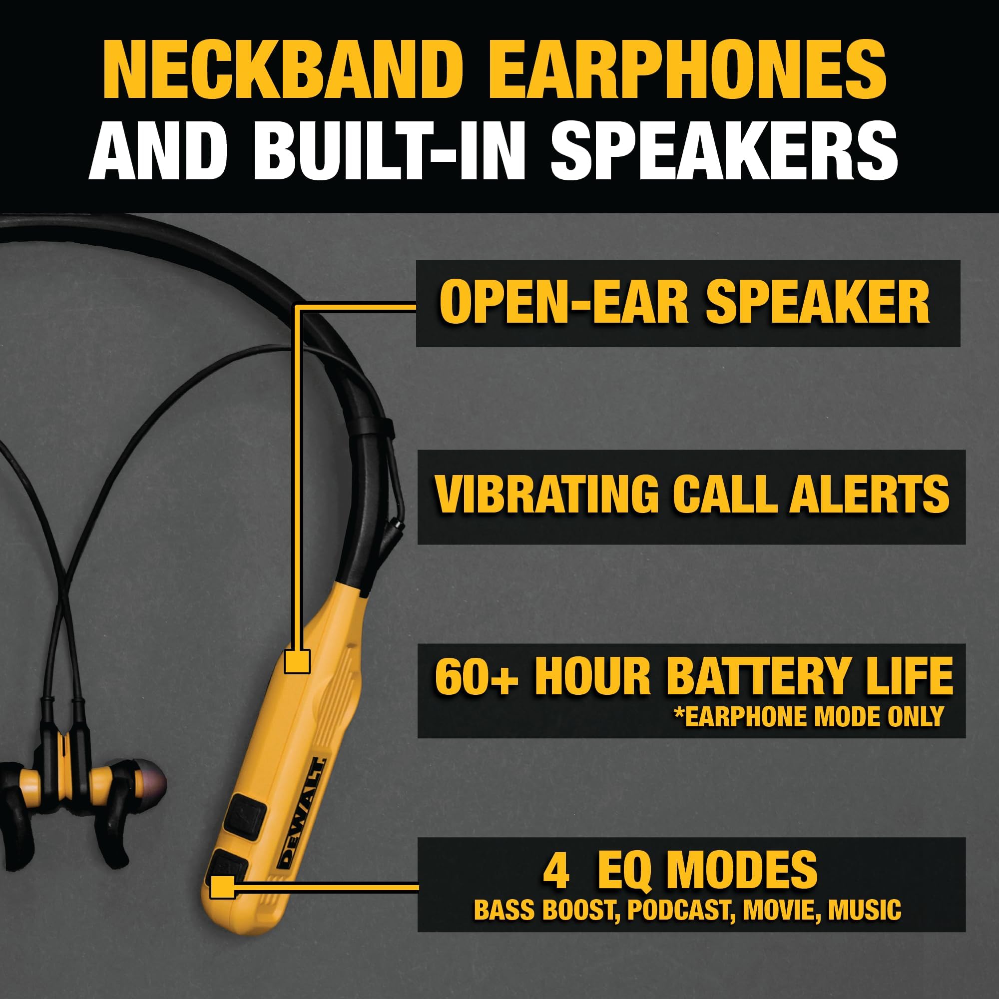 DEWALT 2-in-1 Neckband Bluetooth Headphones with Built-in Speakers - Jobsite Wearable Speaker & Neck Headphones - 60+ Hours Wireless Bluetooth Headset for Hands-Free Music & Calls - Includes Carry Pouch - Perfect for Construction Workers, Gym Enthusiasts & Outdoor Activities