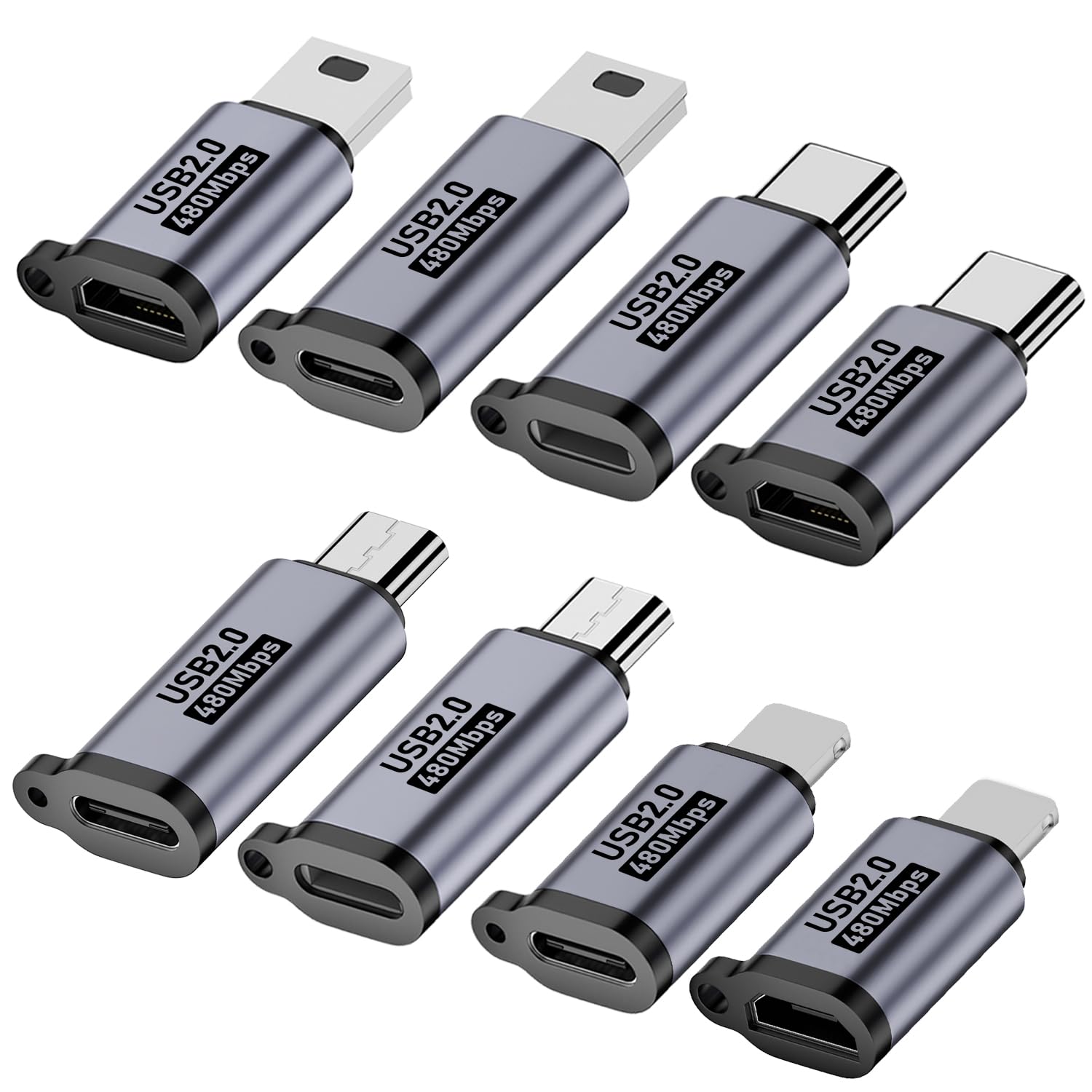 8-Pack USB C to Micro USB Adapter & Lightning Converter - Type C/Micro USB to Lightning & Mini USB Connector for iPhone, Android, Tablets - Perfect for Charging, Data Transfer & Travel Accessories