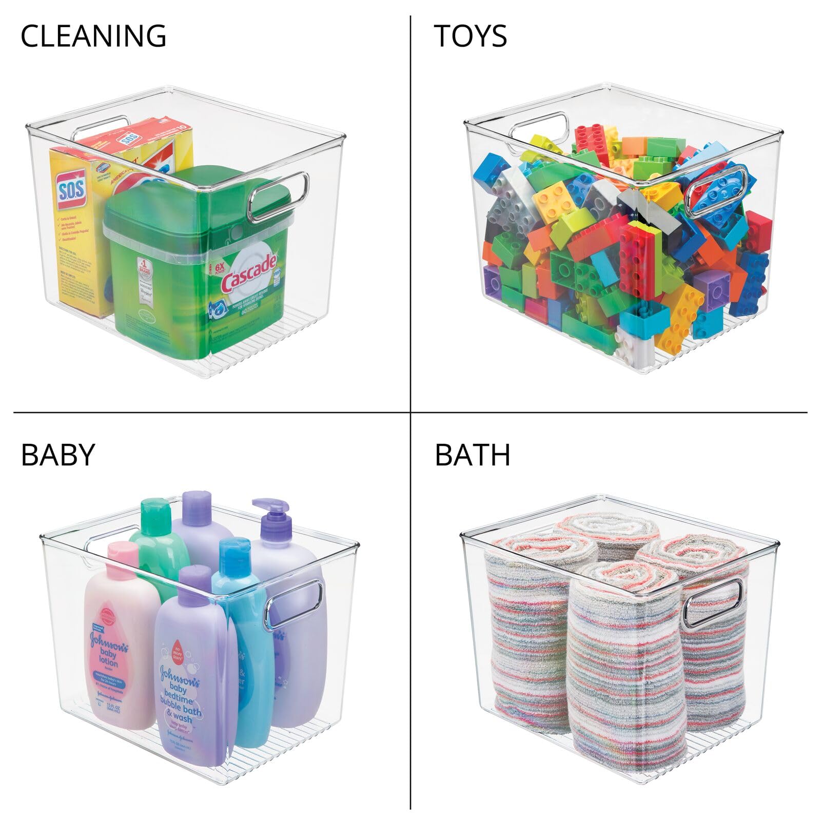 mDesign Tall Deep Rectangular Plastic Office Supplies Storage Organizer Bin with Carrying Handles - Perfect for Organizing Pads, Pens, Pencils, Dry Erase Markers, Highlighters & Sticky Notes | Ligne Collection 4-Pack Clear | Ideal for Home Office, School & Workspace Organization