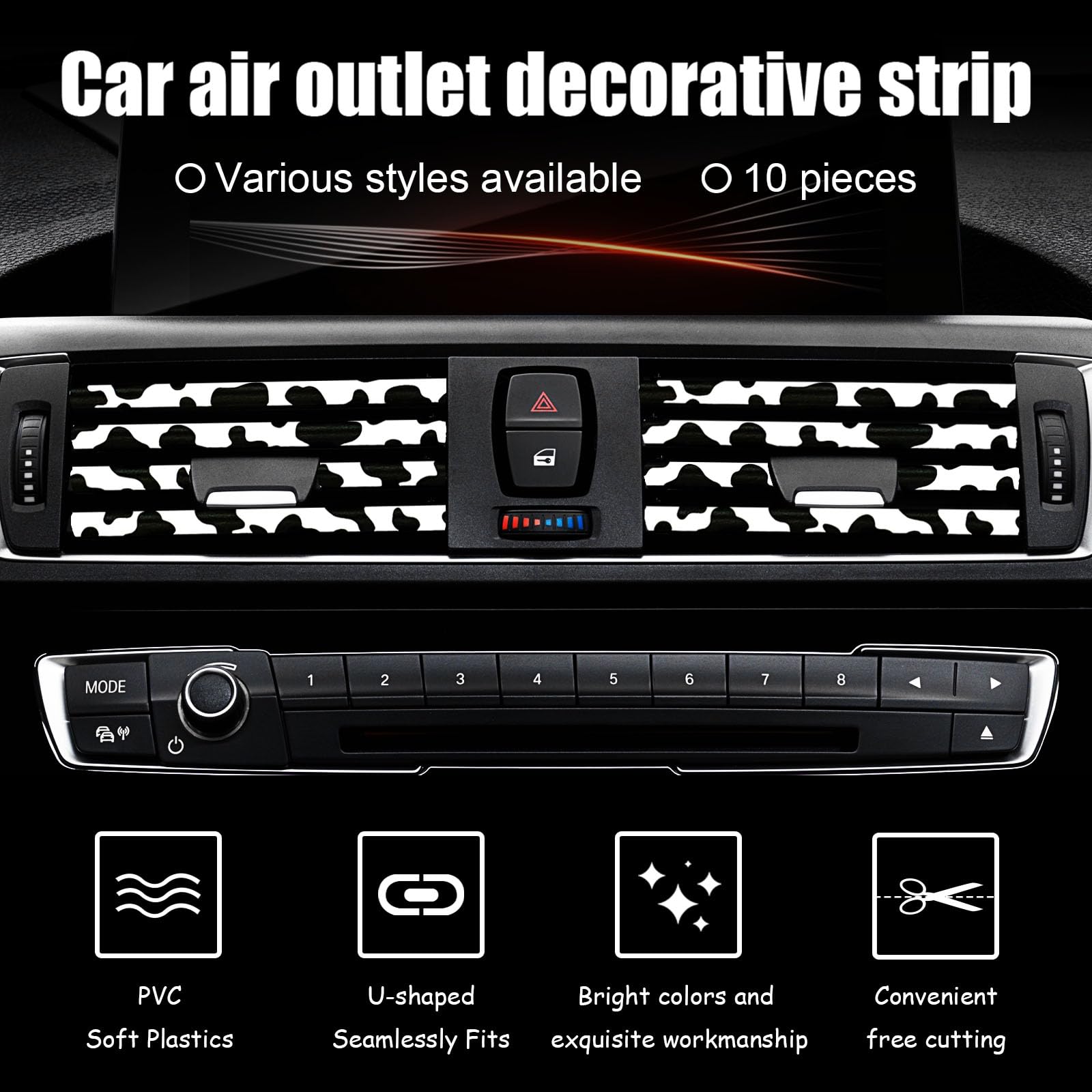 10-Piece Cow Print Car Air Vent Decorative Strips - Flexible Shiny Auto AC Vent Covers for All Vehicles (Black & White) | Stylish Interior Accessories for Cars, SUVs & Trucks