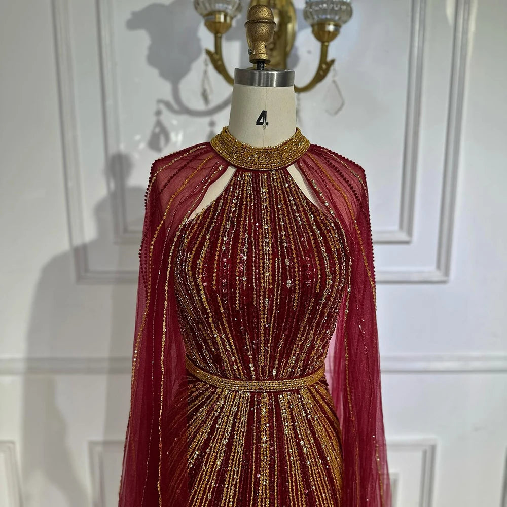 Luxury Dubai Wine Red Beaded Mermaid Evening Gown with Cape - Formal Saudi Arabian Dress for Weddings, Galas & Special Occasions | LA72707A