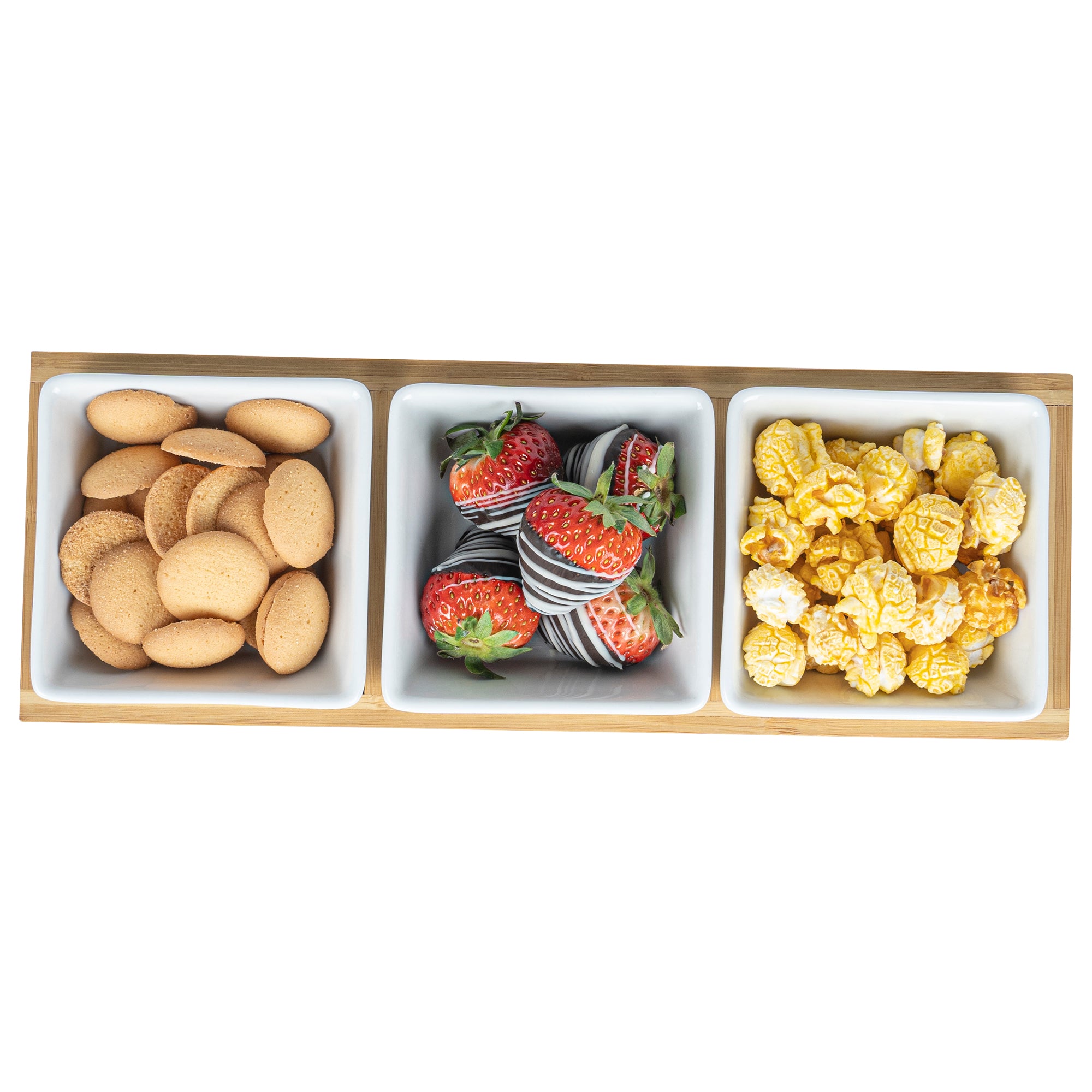 Premium 6 oz White Porcelain Modern Bowl Set with Bamboo Tray - 3 Rectangle Bowls (11.75