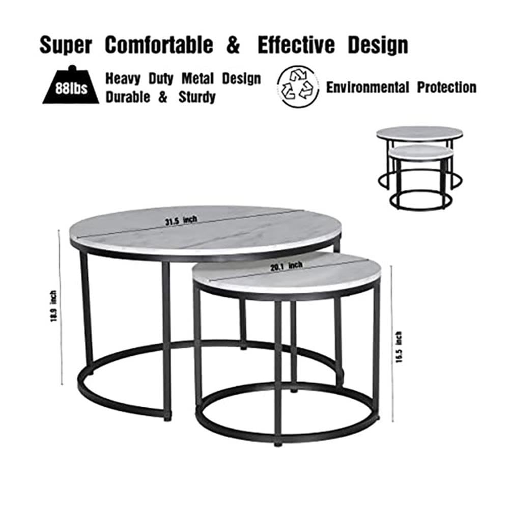 Modern Round Nesting Coffee Table Set of 2 - Metal Frame with Marble Top, Black Living Room Accent Tables for Small Spaces - Perfect as Stacking Sofa Side Tables or Cocktail Tables for Apartments and Condos