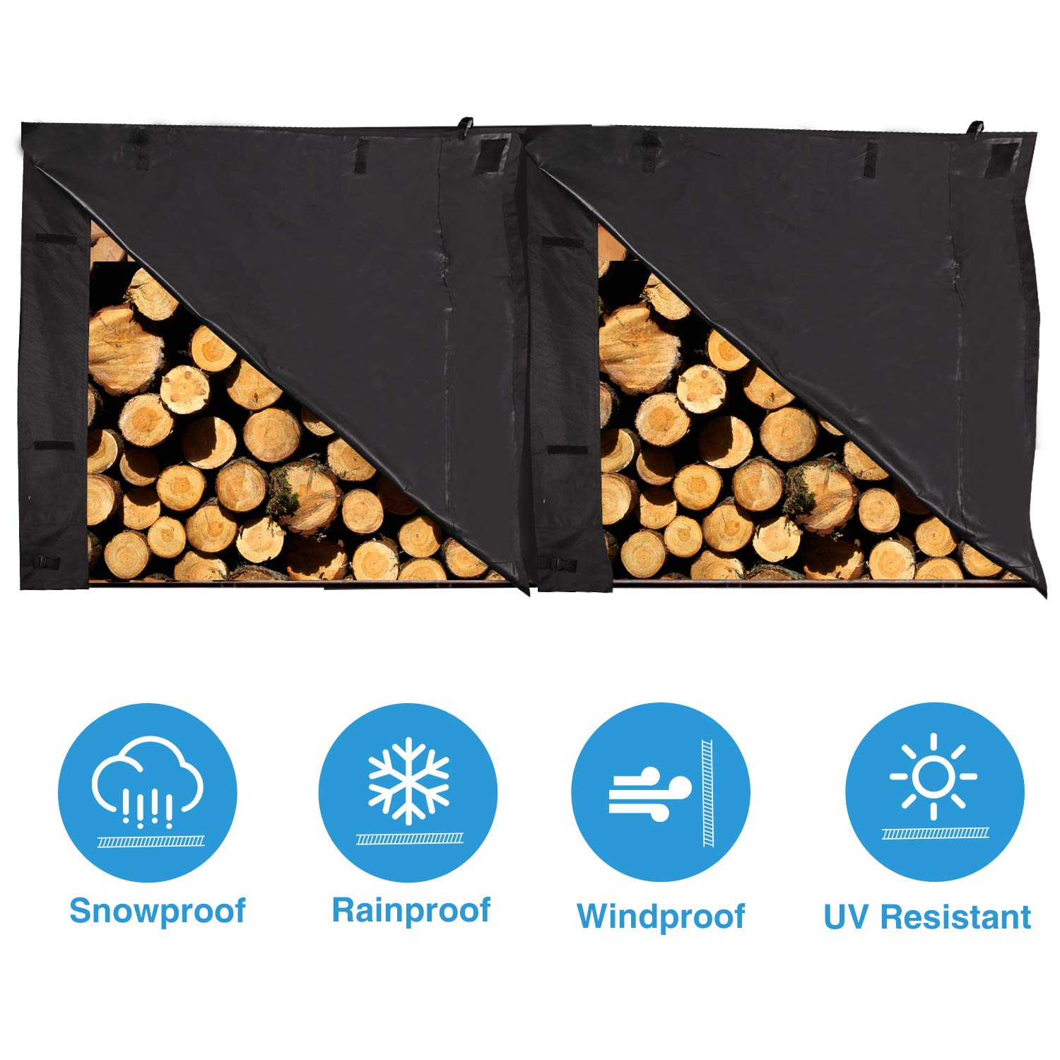 Heavy Duty 8 ft Waterproof Outdoor Firewood Rack Cover with Velcro Straps - Black - Perfect for Wood Storage, Firewood Protection & Backyard Organization