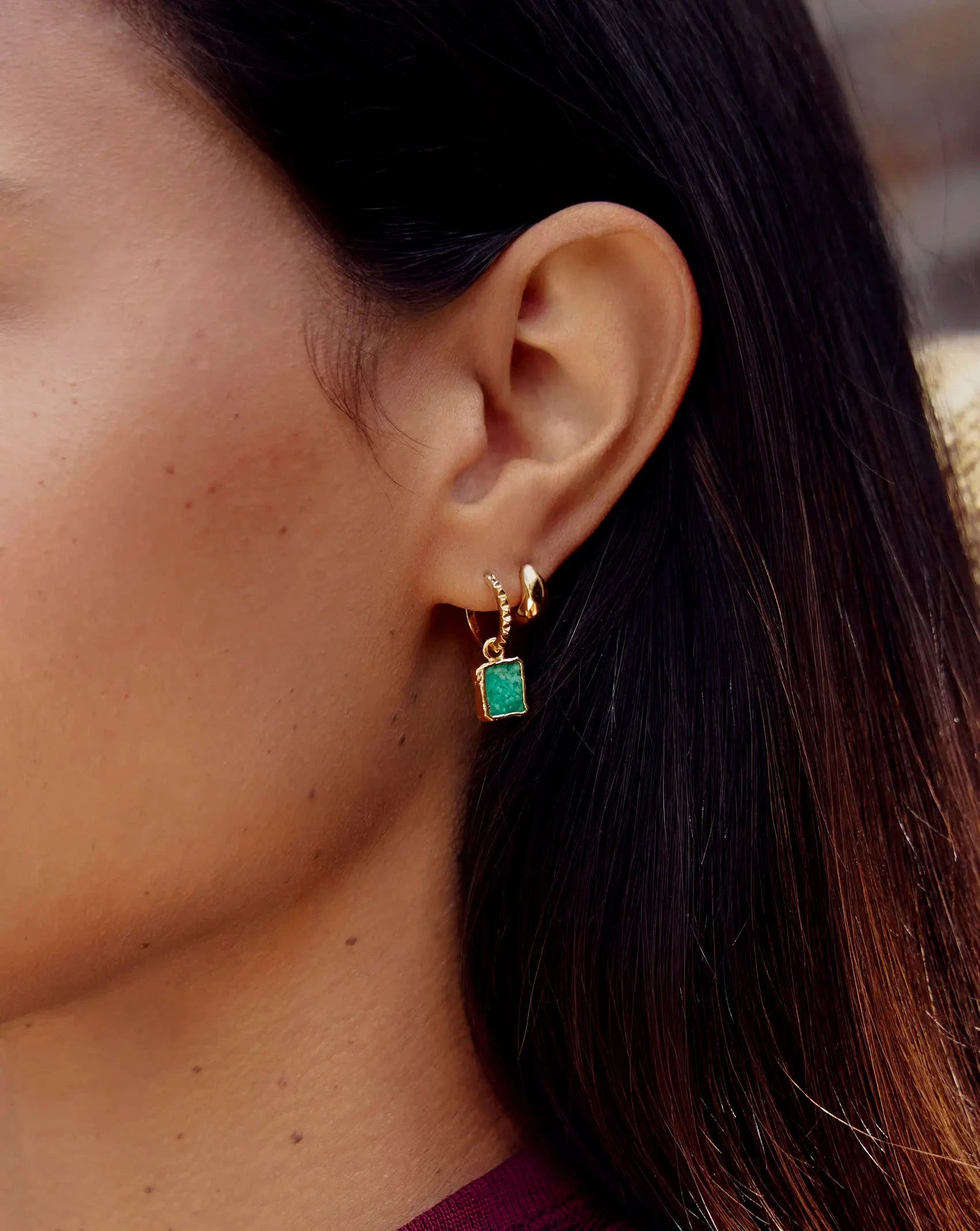 Mini Pyramid Charm Hoop Earrings - 18k Gold Vermeil & Amazonite Gemstone | Dainty Boho Jewelry for Women | Perfect for Everyday Wear, Parties & Gifts