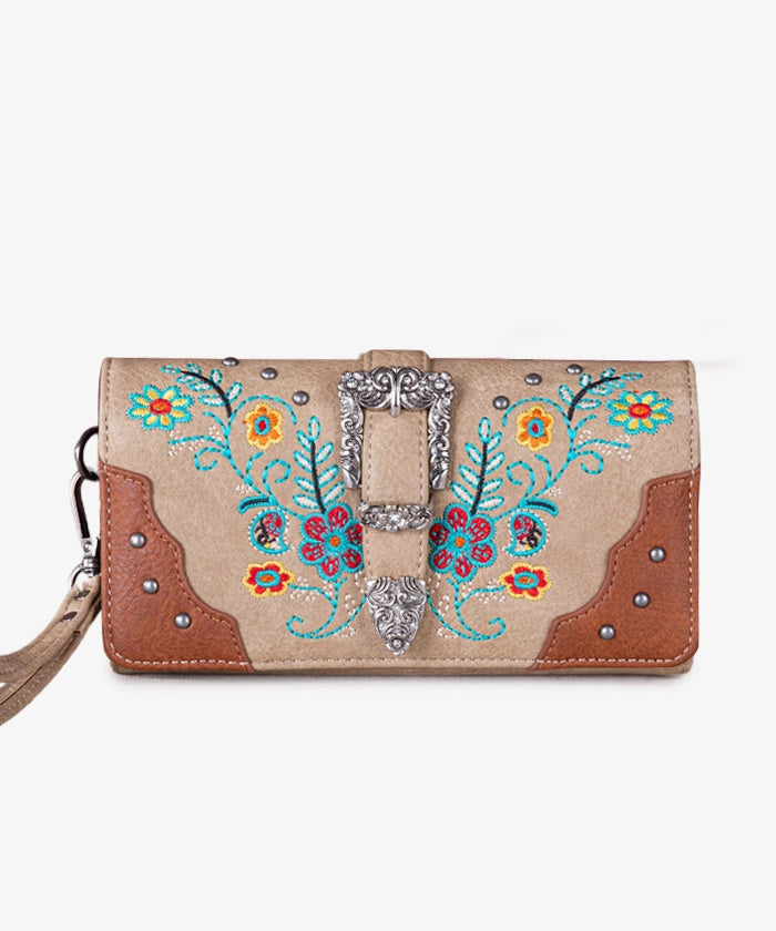 Montana West Floral Embroidered Buckle Wallet for Women - Stylish Leather Clutch with RFID Protection | Perfect for Everyday Use, Travel & Special Occasions